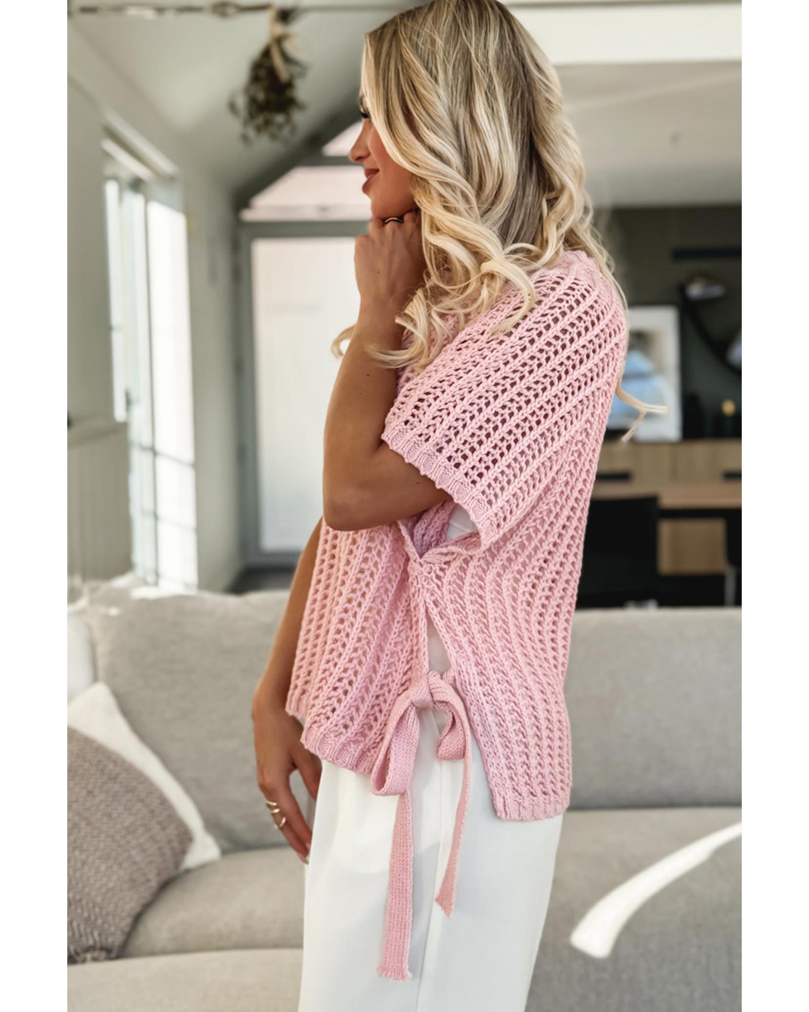 Pink Hollow-out Crochet Side Tied Short Sleeve Sweater - XL 5