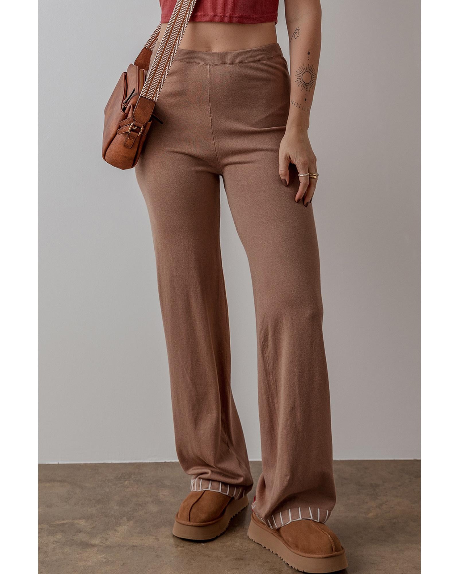Straw Yellow High Waist Straight Leg Knitted Pants - S 3