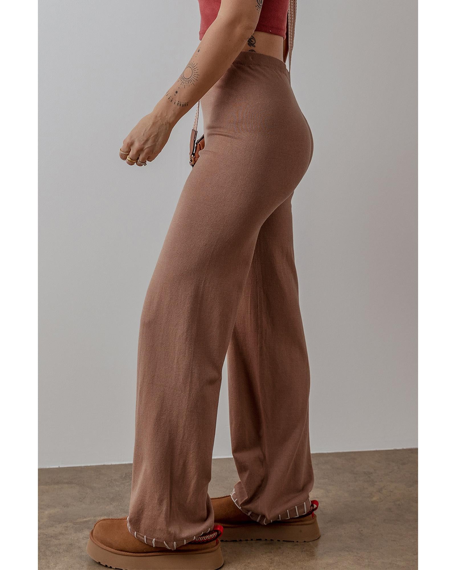Straw Yellow High Waist Straight Leg Knitted Pants - S 4
