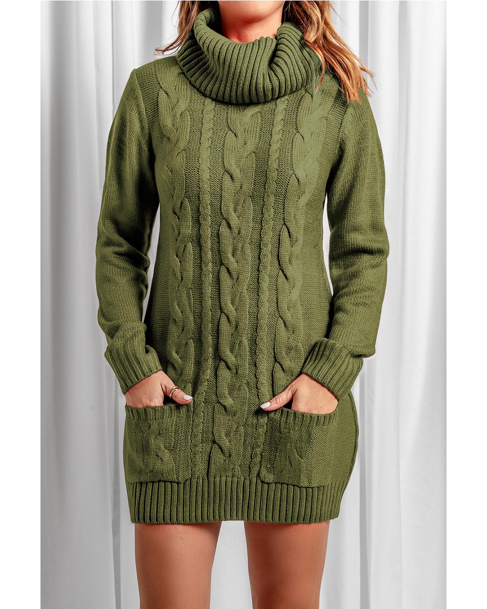Azura Exchange Olive Cowl Neck Cable Knit Sweater Dress - S 3