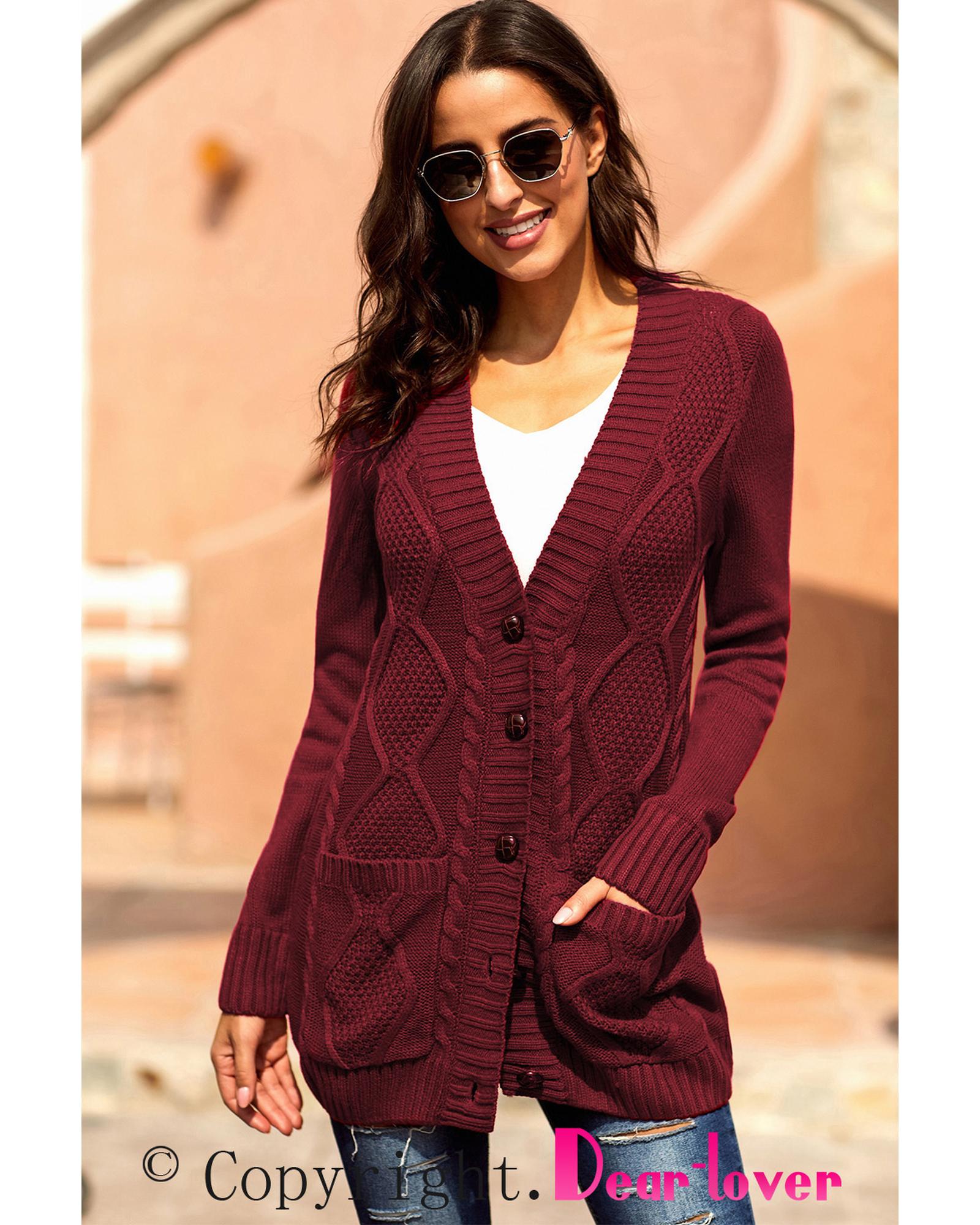 Burgundy Front Pocket and Buttons Closure Cardigan - 2XL 3