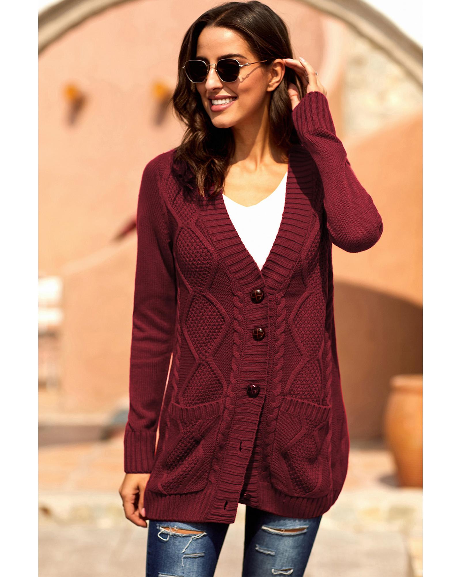 Burgundy Front Pocket and Buttons Closure Cardigan - 2XL 4