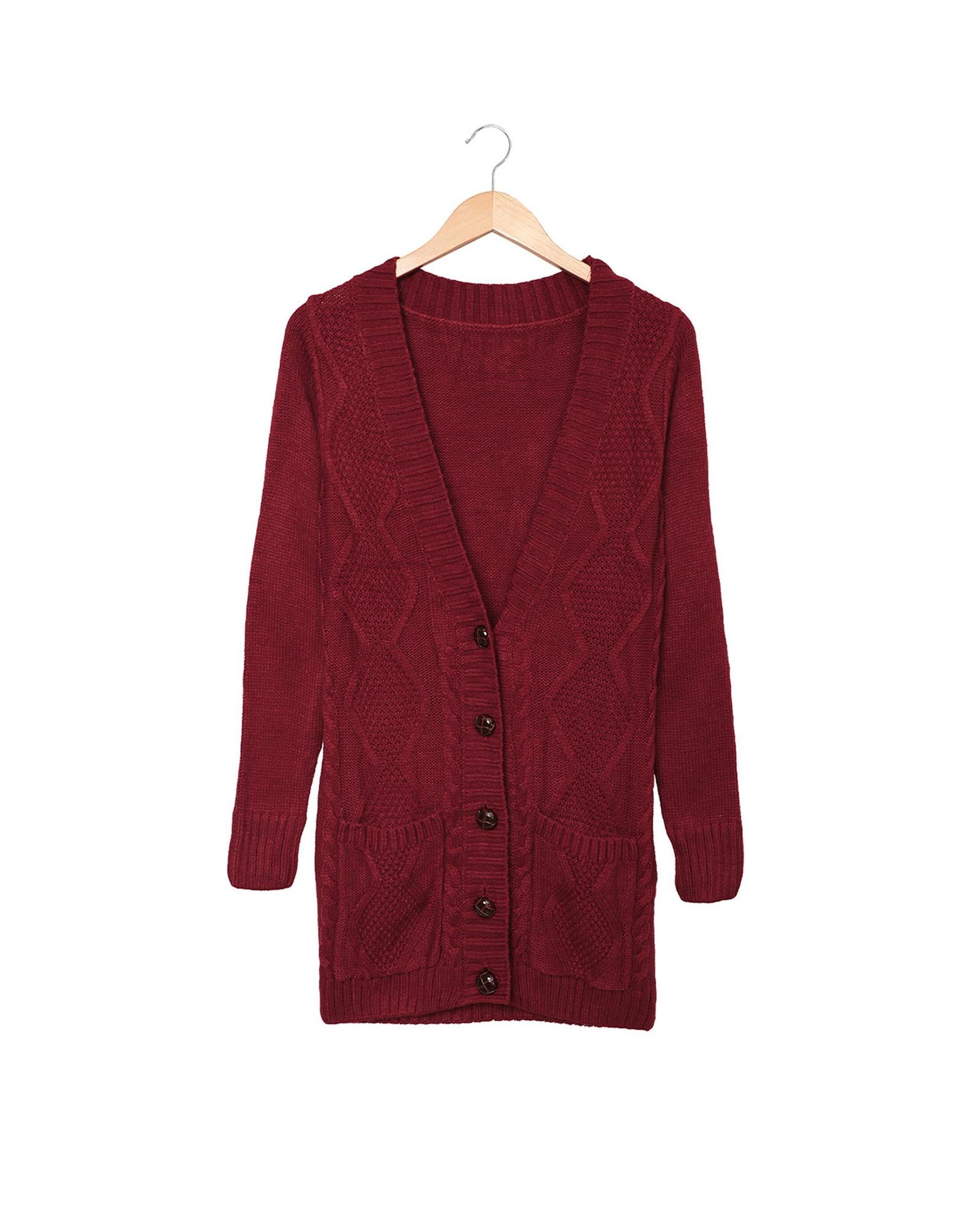Burgundy Front Pocket and Buttons Closure Cardigan - 2XL 5