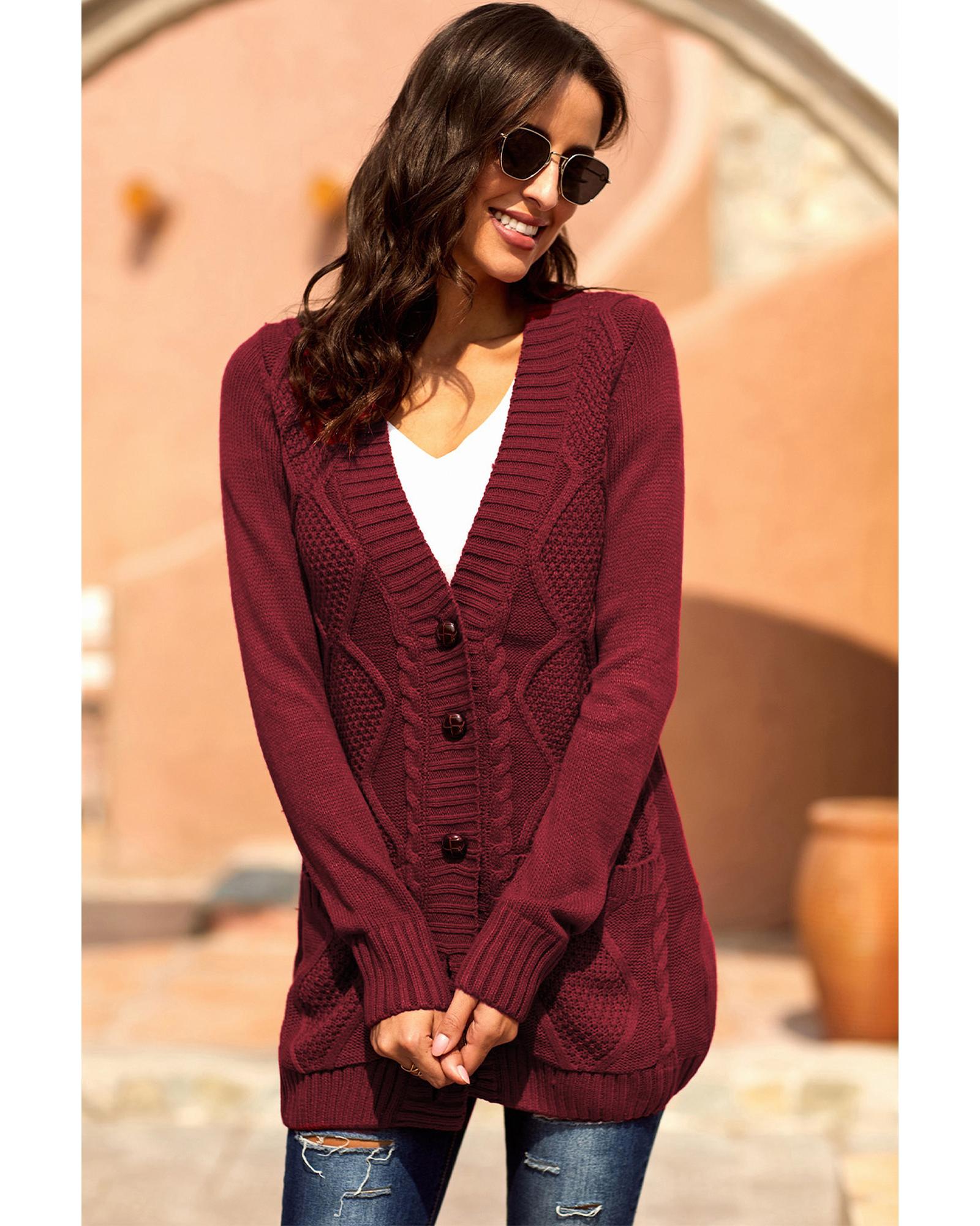 Burgundy Front Pocket and Buttons Closure Cardigan - 2XL 8
