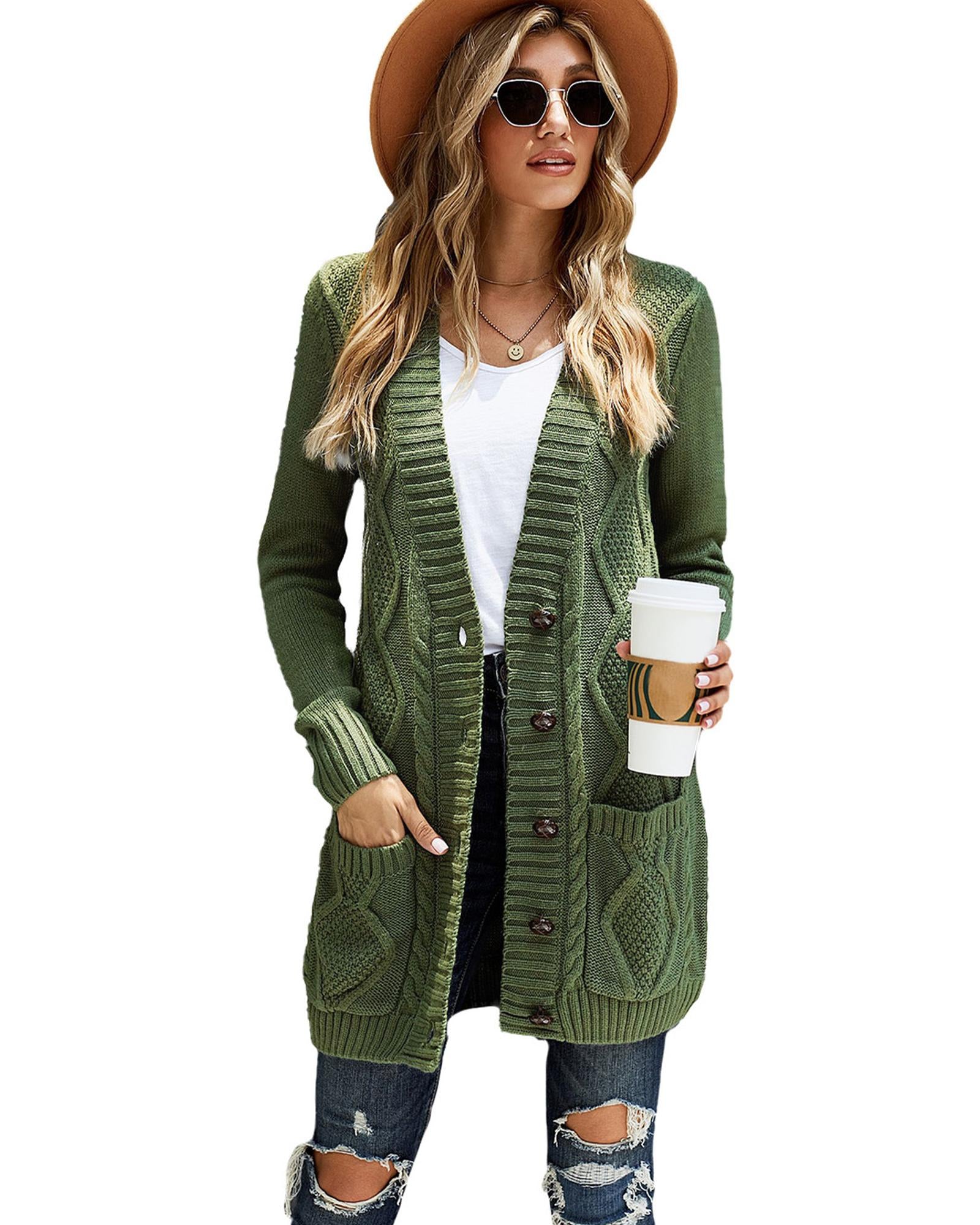 Green Front Pocket and Buttons Closure Cardigan - S