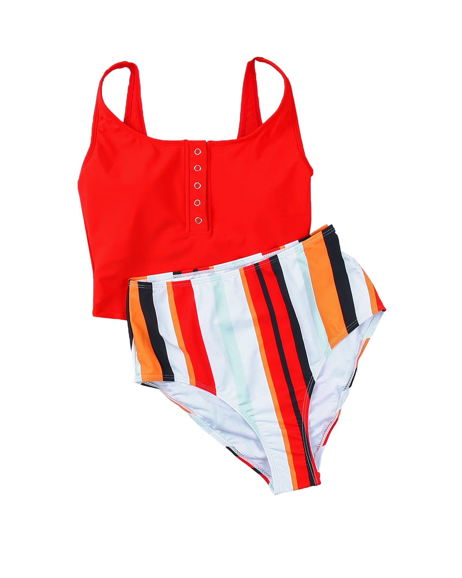Square Neck Sleeveless Fashion Print Tankini Set - XL 4
