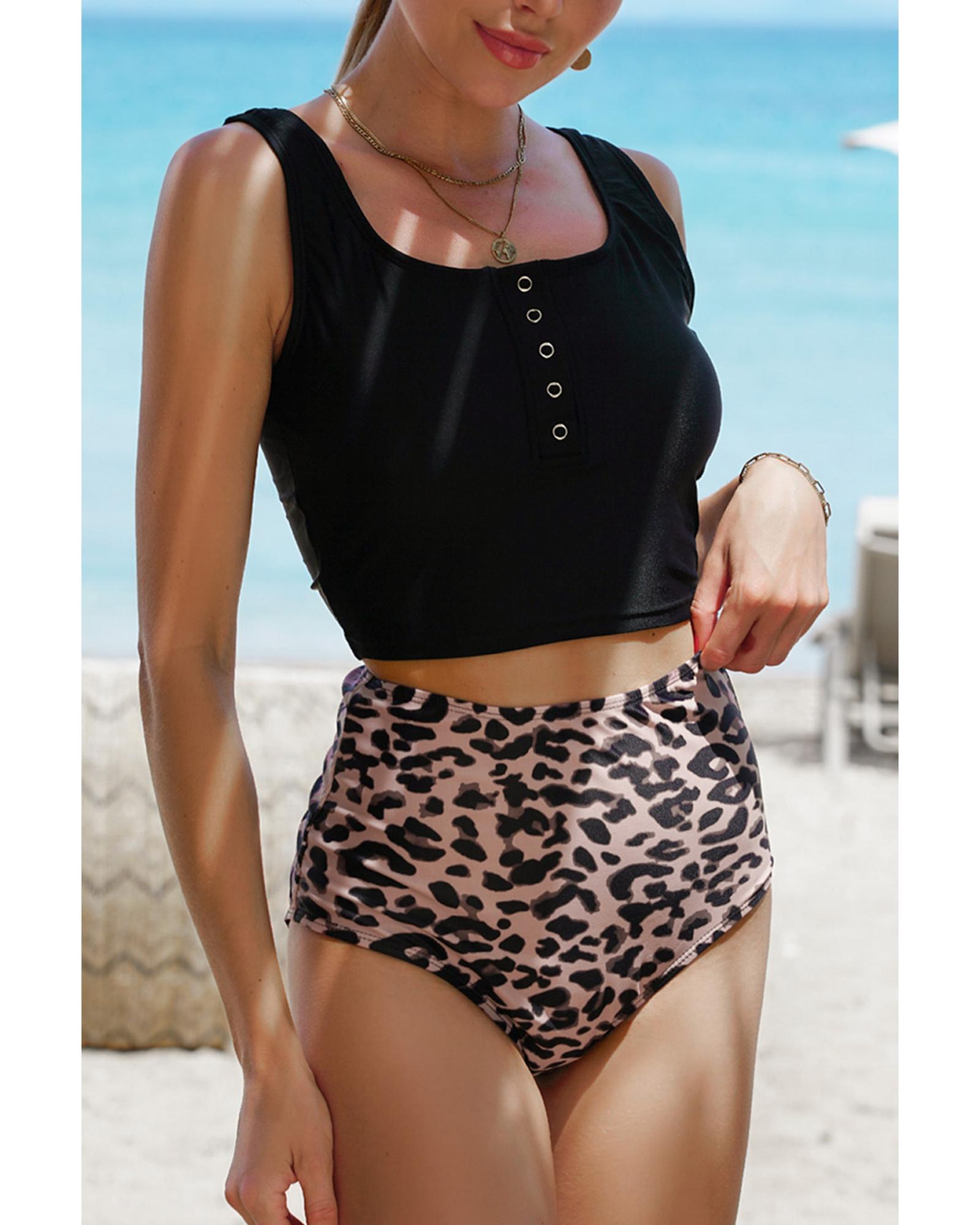 Black Square Neck Sleeveless Fashion Print Tankini Set - S 6