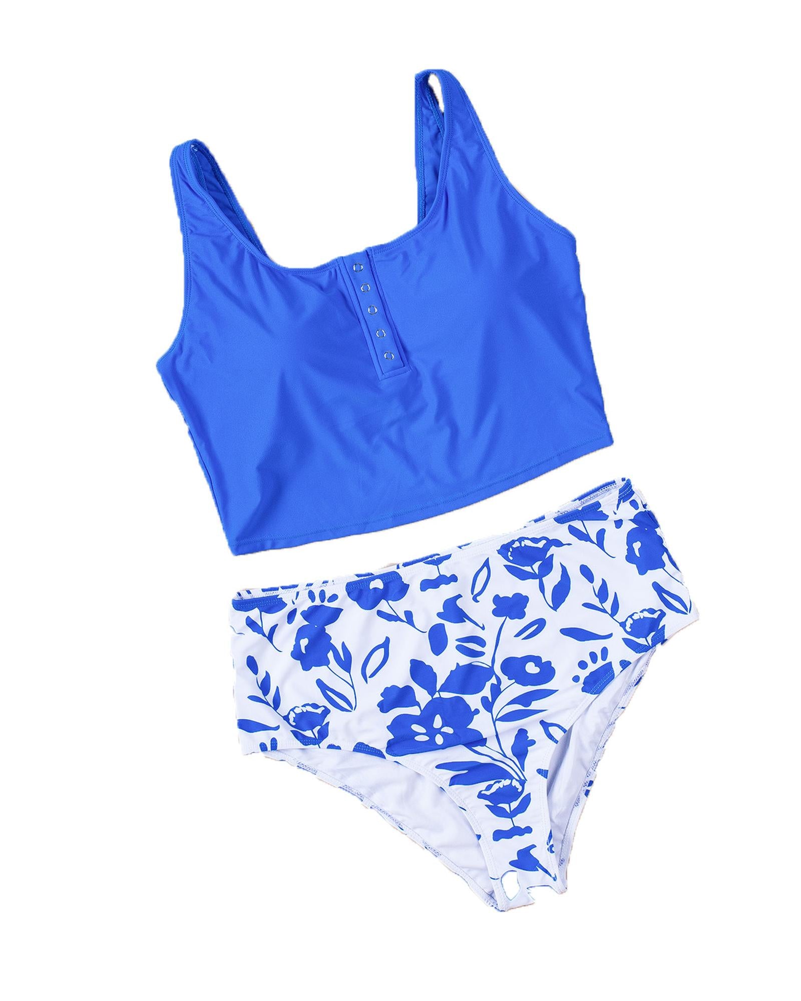 Blue Square Neck Sleeveless Fashion Print Tankini Set - M 6