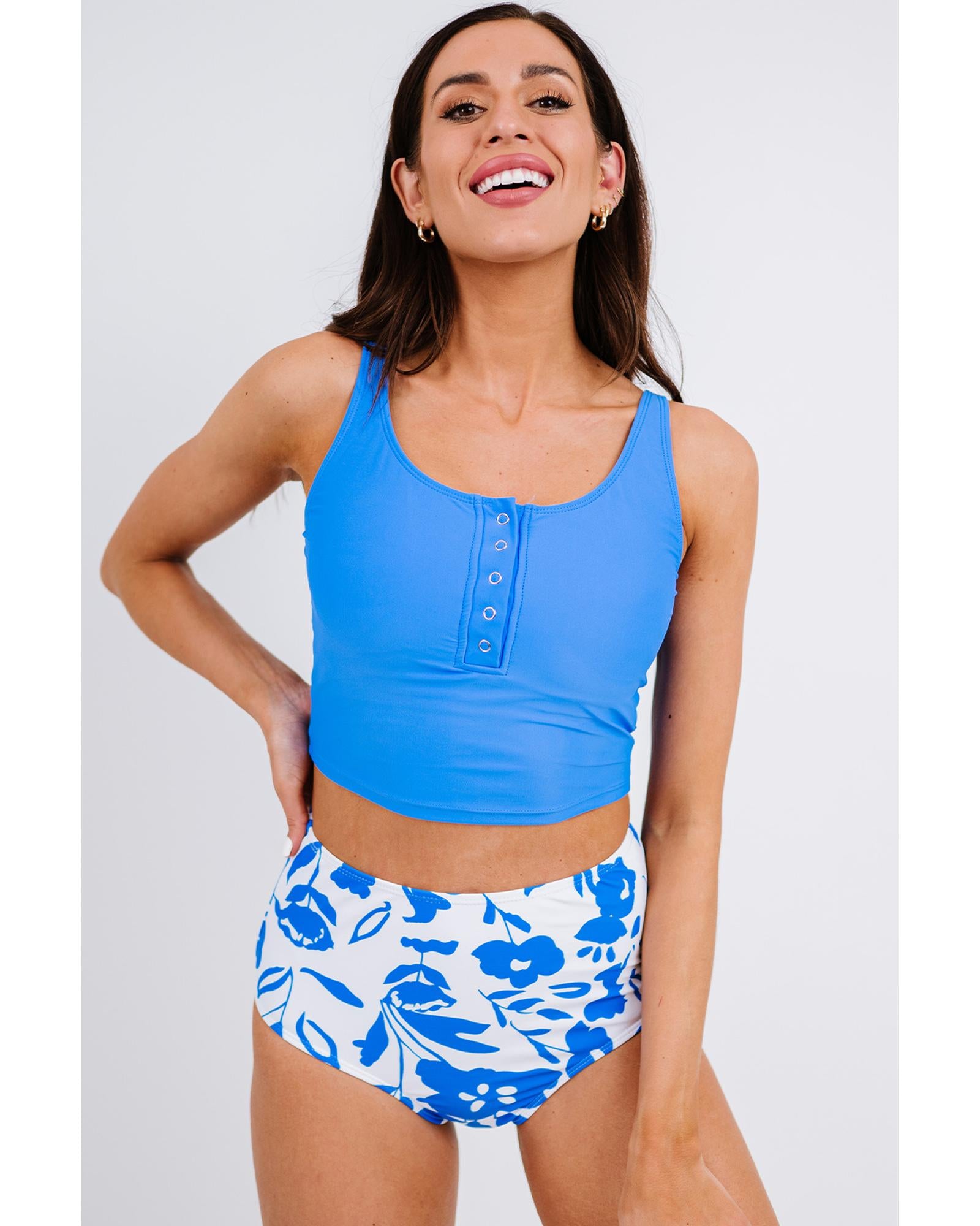 Blue Square Neck Sleeveless Fashion Print Tankini Set - S 7