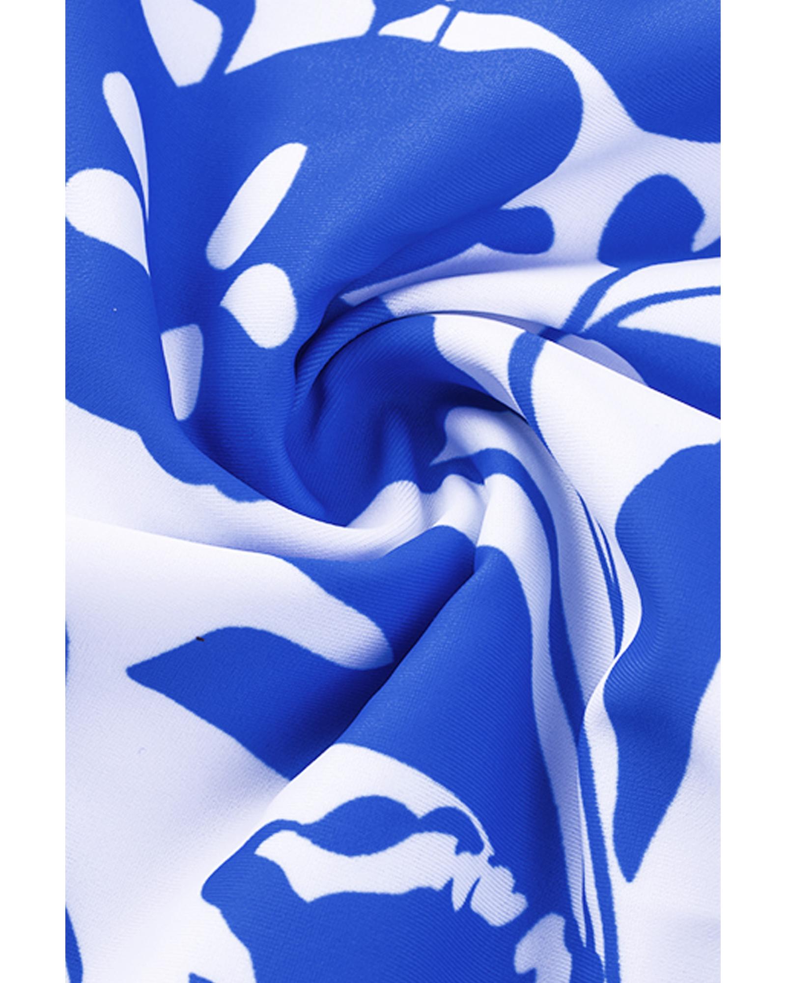 Blue Square Neck Sleeveless Fashion Print Tankini Set - S 8