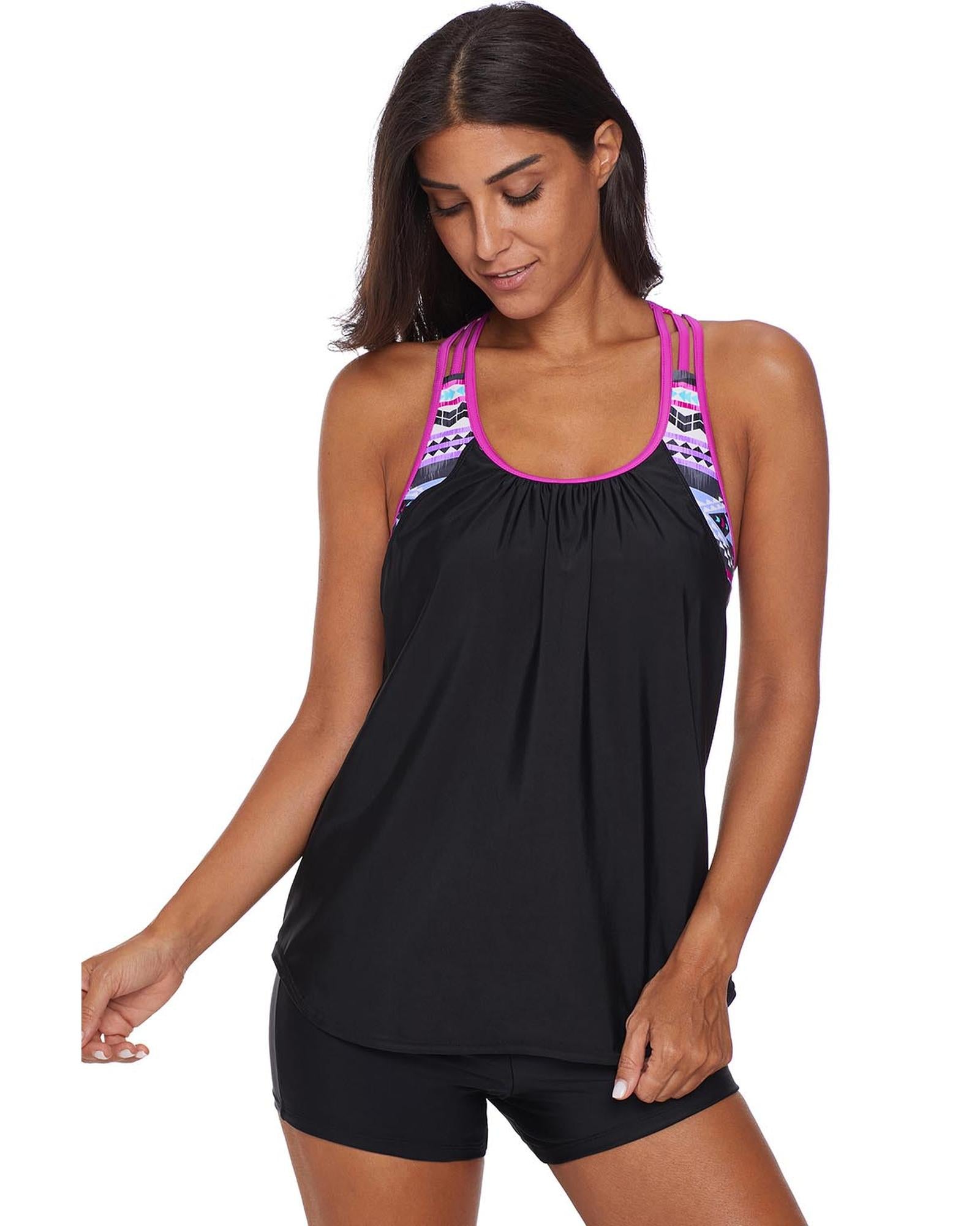Rose Blouson Striped Printed Strappy T-Back Push up Tankini Top - 2XL 3