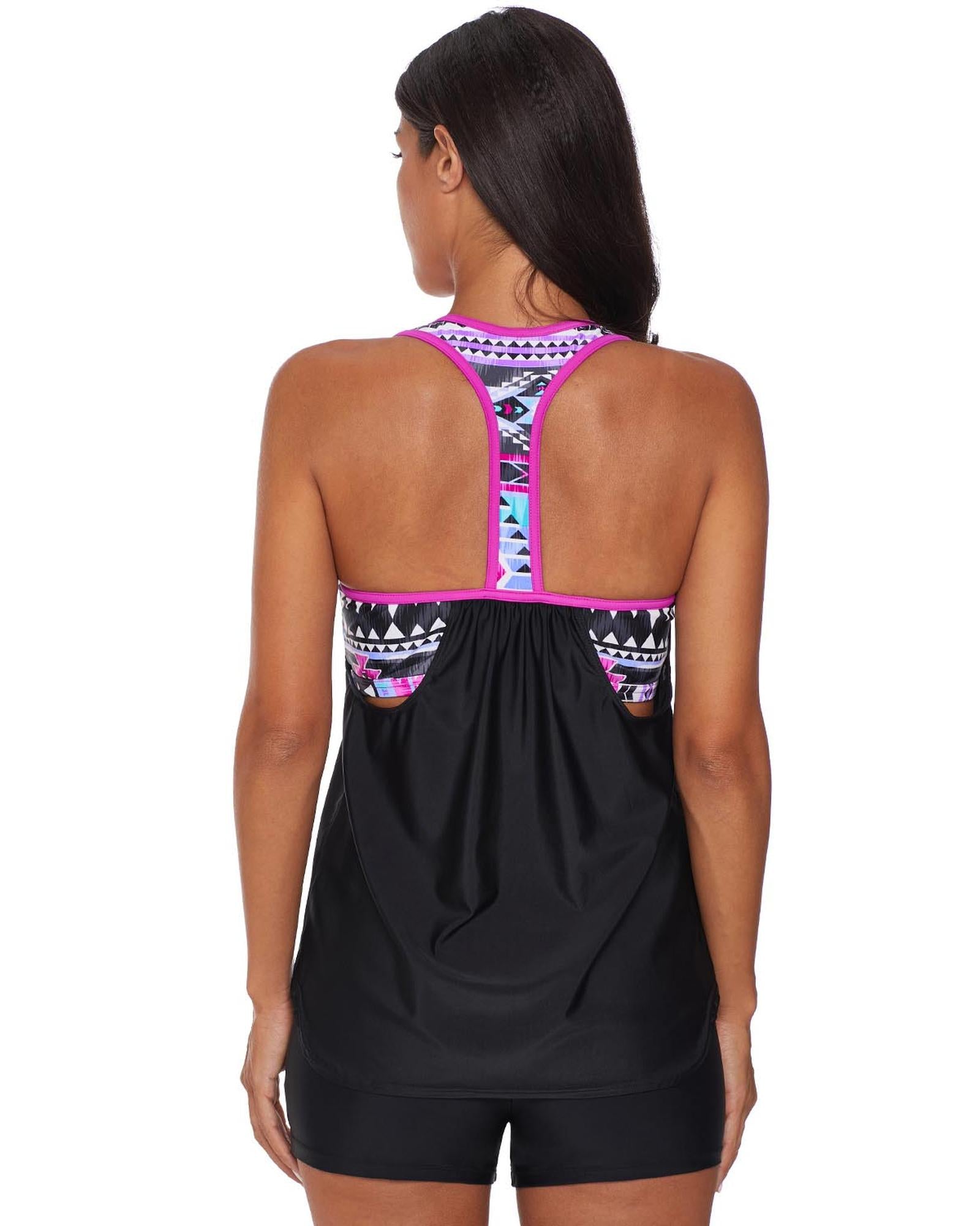 Rose Blouson Striped Printed Strappy T-Back Push up Tankini Top - 2XL 5