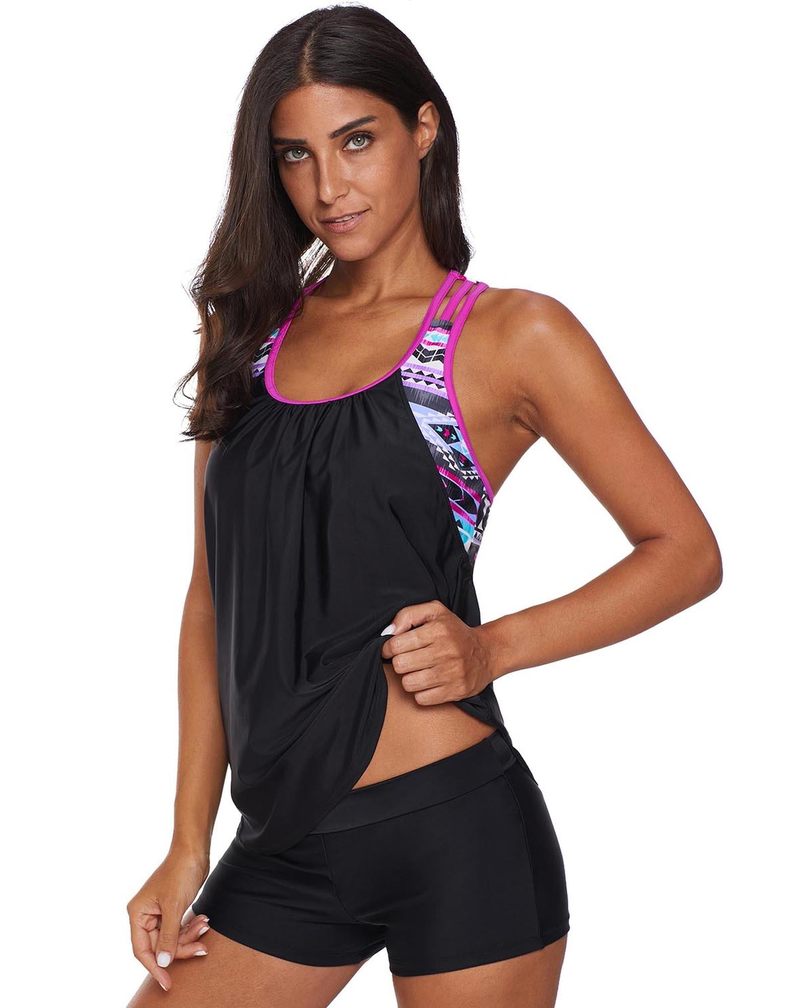 Rose Blouson Striped Printed Strappy T-Back Push up Tankini Top - S 3
