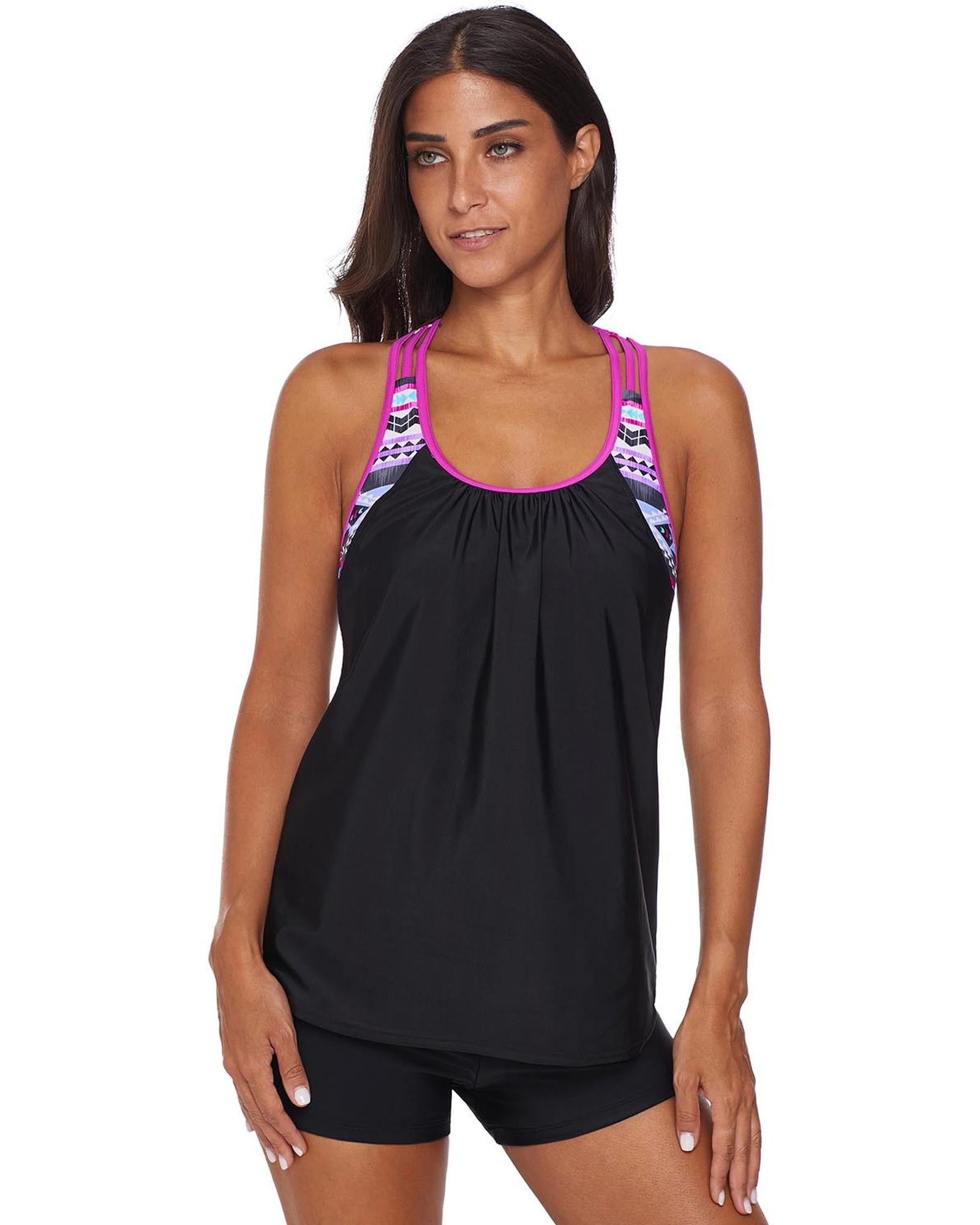 Rose Blouson Striped Printed Strappy T-Back Push up Tankini Top - S 5