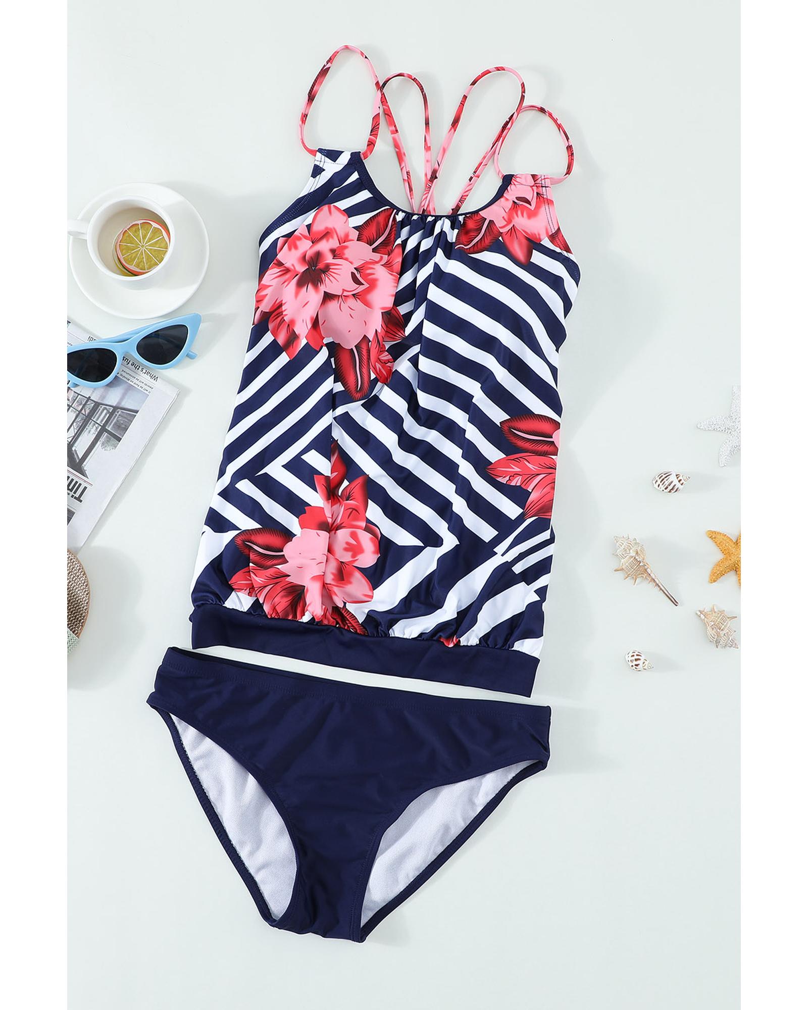 Fiery Red Floral Print Criss Cross Hollow-out Tankini Swimwear - S 7