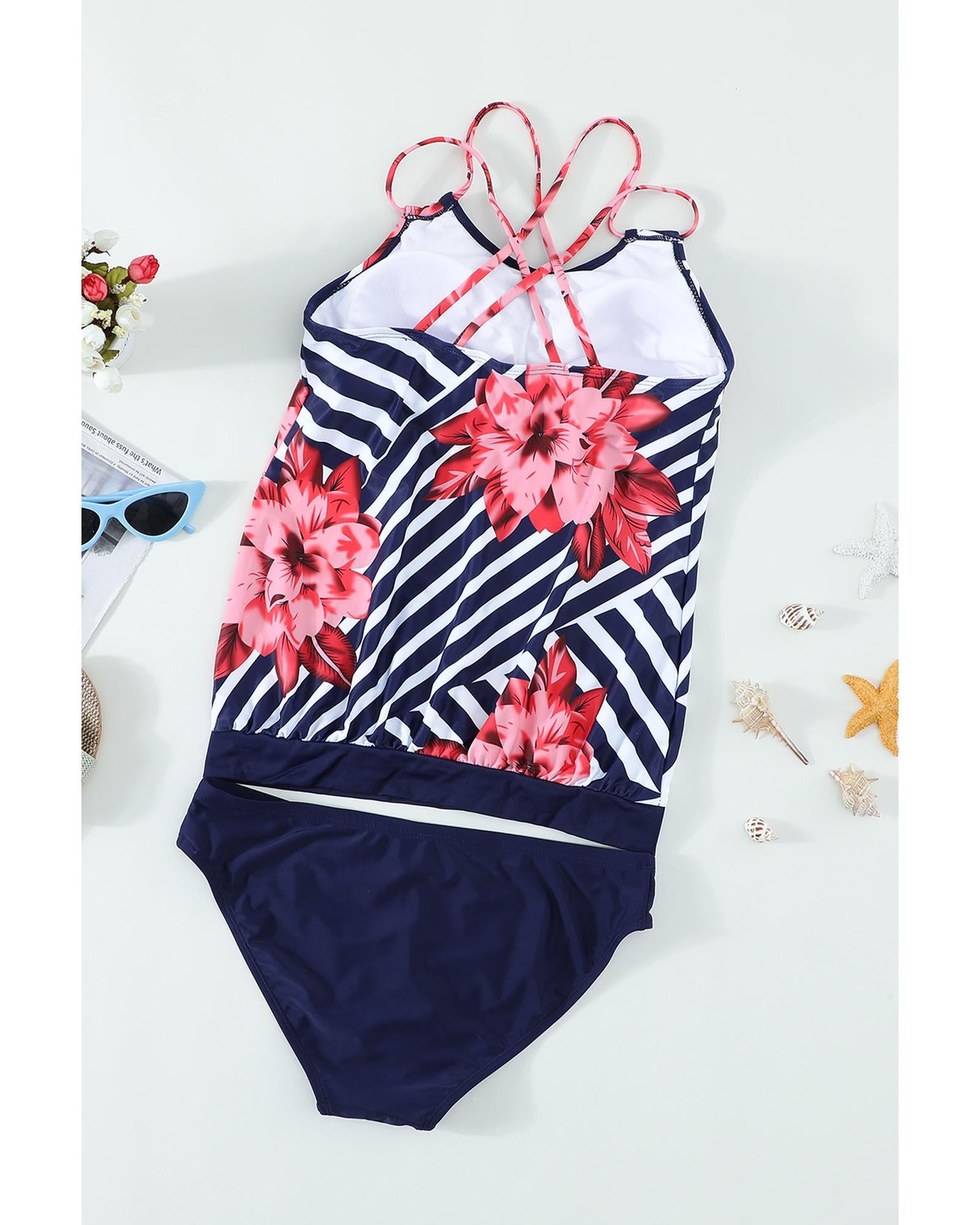Fiery Red Floral Print Criss Cross Hollow-out Tankini Swimwear - S 8