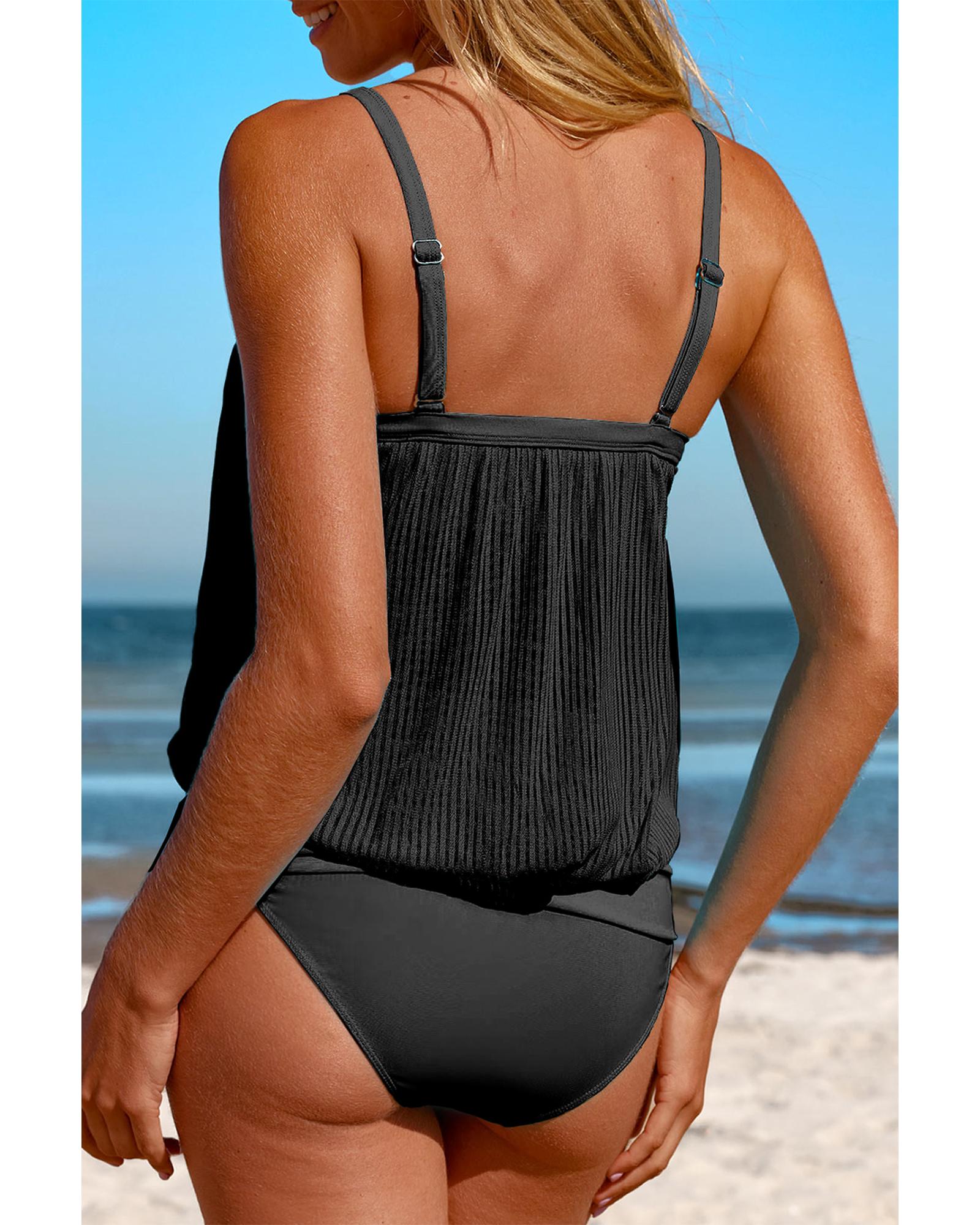 Black Striped Mesh Knotted Hem Tankini Swimsuit - S 4