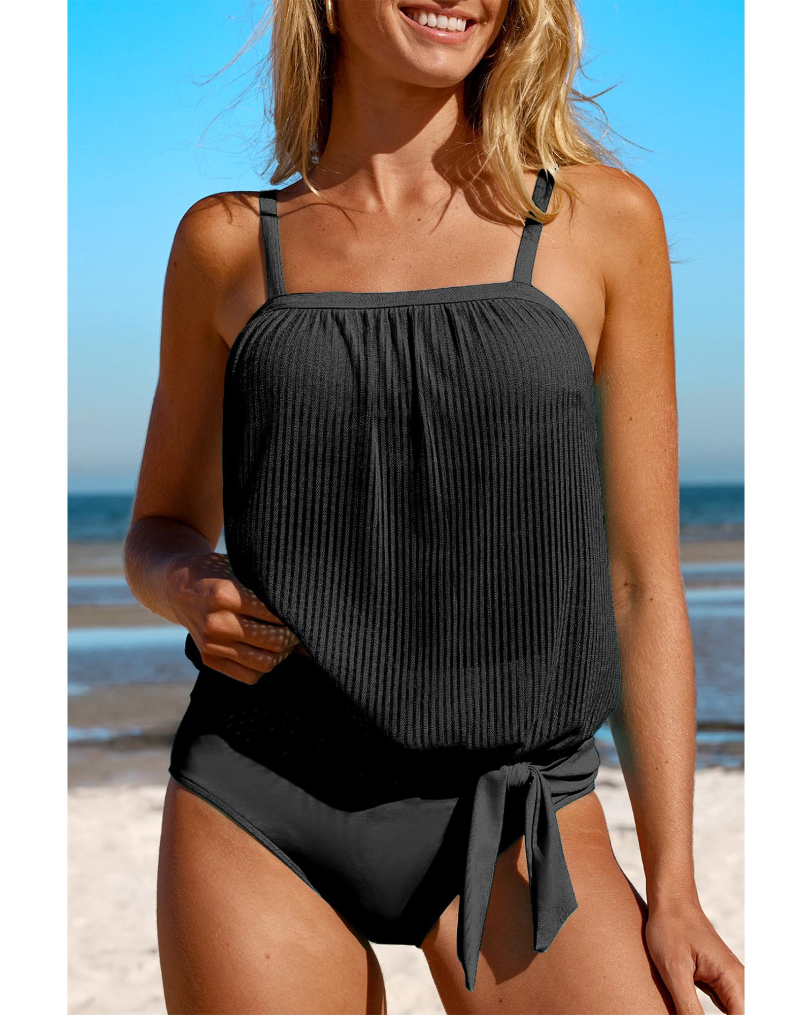 Black Striped Mesh Knotted Hem Tankini Swimsuit - S 5