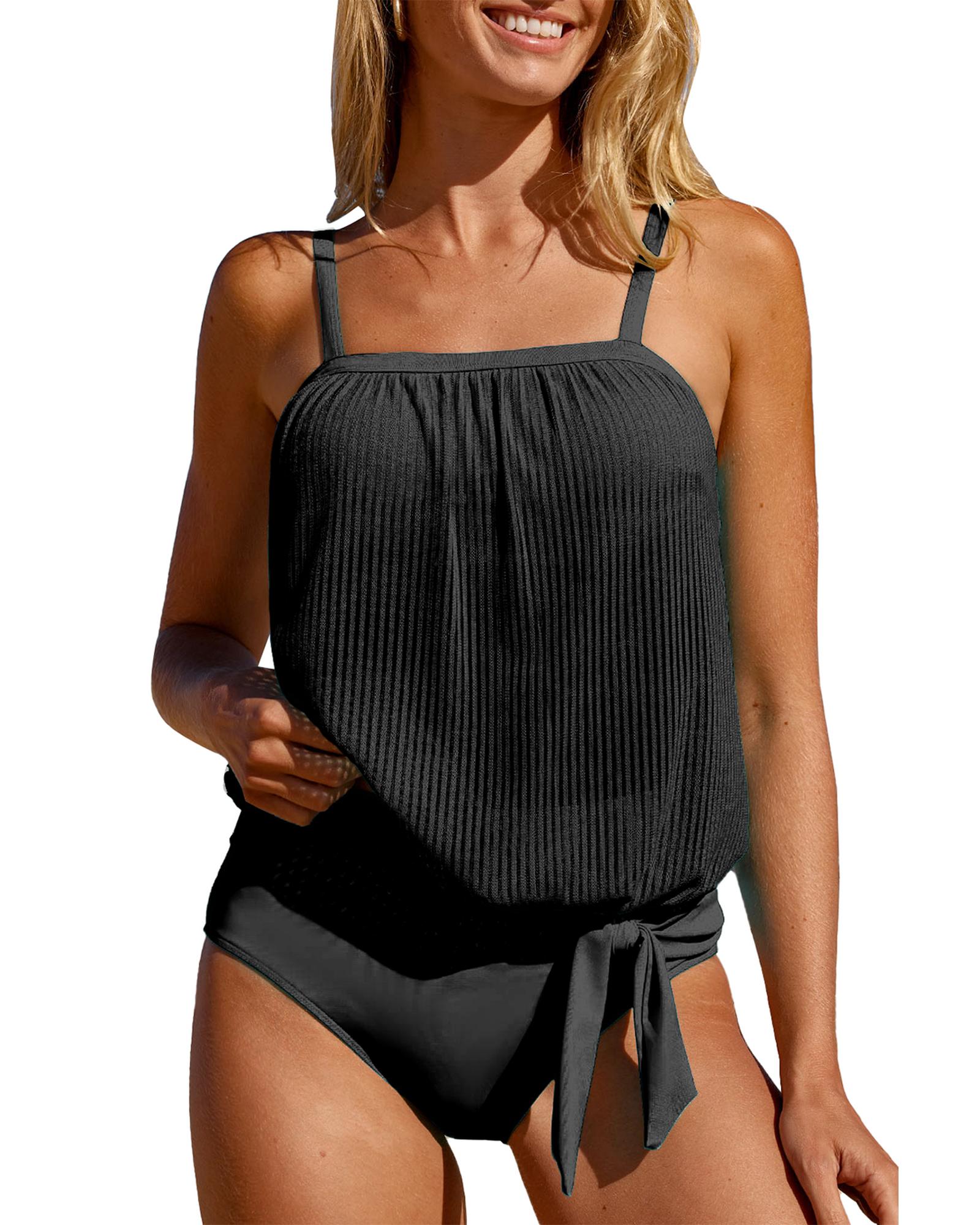 Black Striped Mesh Knotted Hem Tankini Swimsuit - S 8