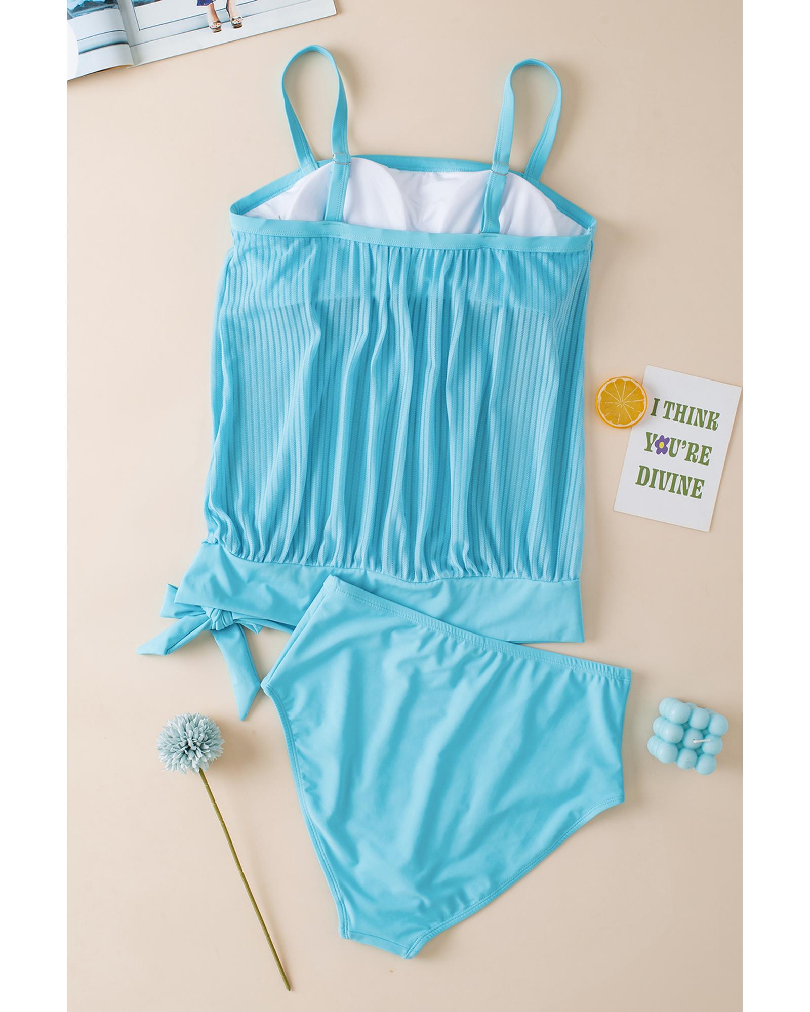 Turquoise Striped Mesh Knotted Hem Tankini Swimsuit - S 4