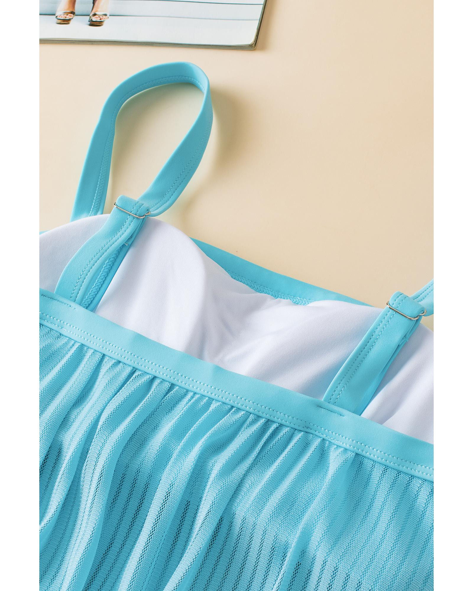 Turquoise Striped Mesh Knotted Hem Tankini Swimsuit - S 7