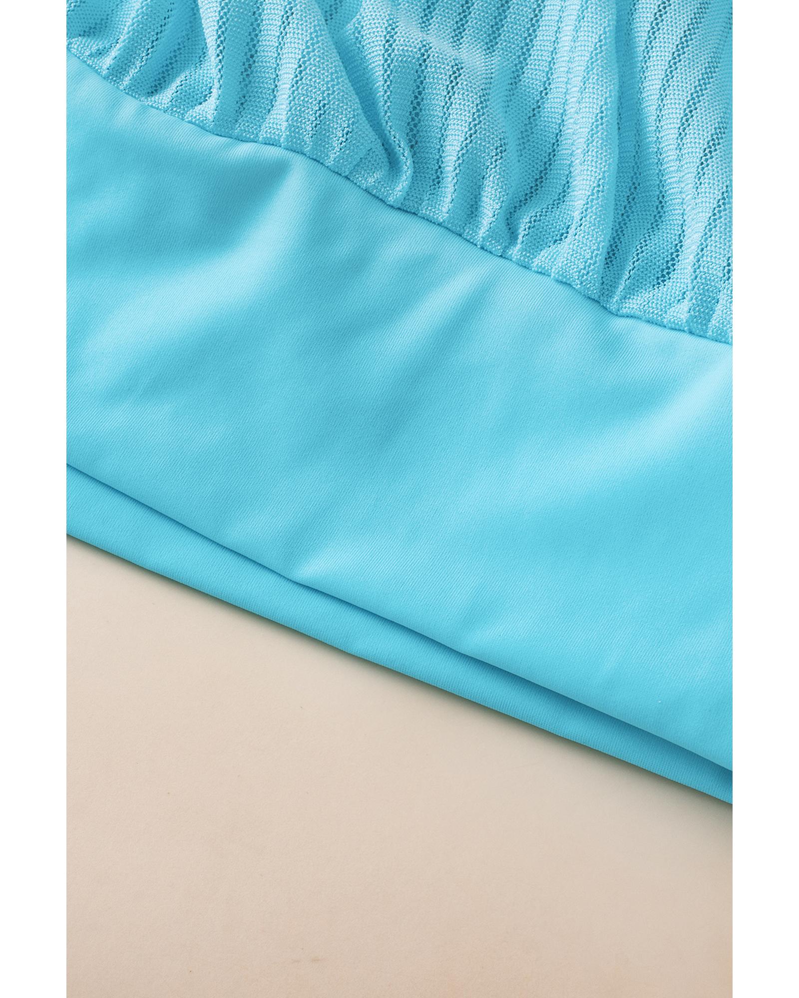 Turquoise Striped Mesh Knotted Hem Tankini Swimsuit - XL 6