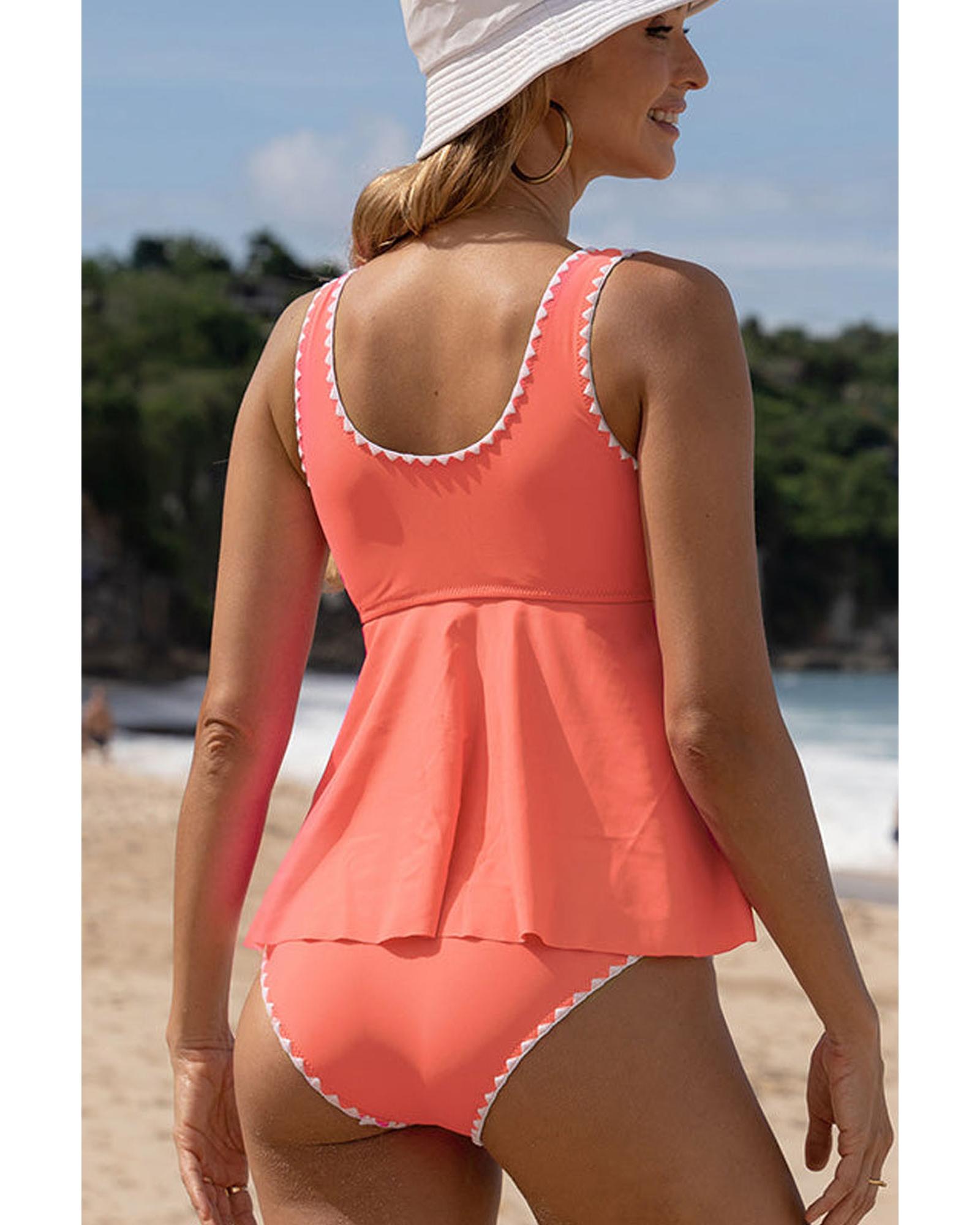 Fresh Salmon Contrast Trim Ruffled Peplum Top Tankini Swimsuit - S 3
