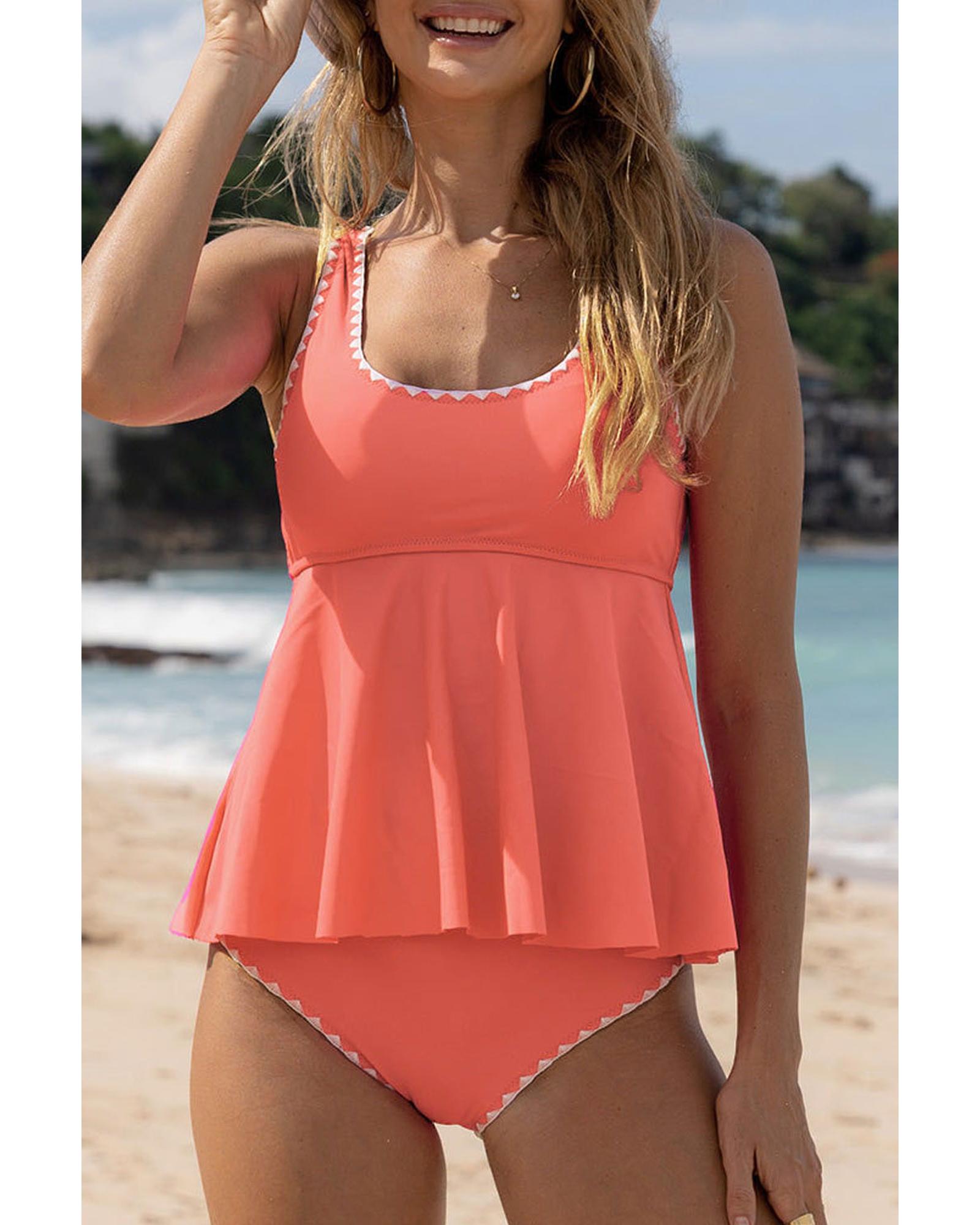 Fresh Salmon Contrast Trim Ruffled Peplum Top Tankini Swimsuit - S 4