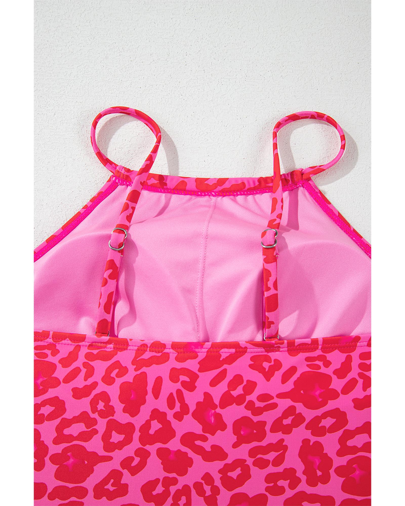 Rose Leopard Drawstring Side Tankini 2pcs Swimsuit - XL
