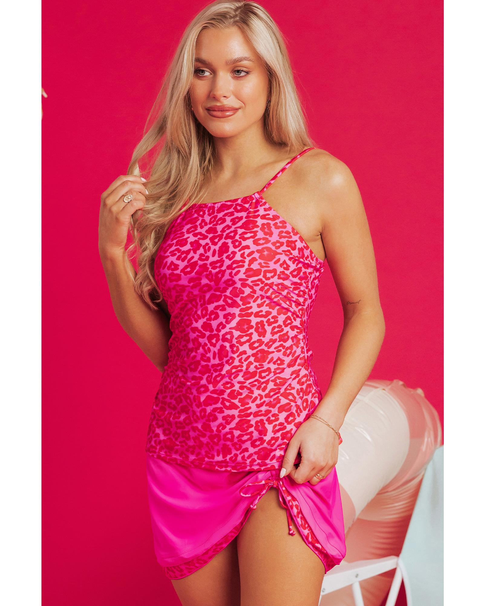 Rose Leopard Drawstring Side Tankini 2pcs Swimsuit - XL 4