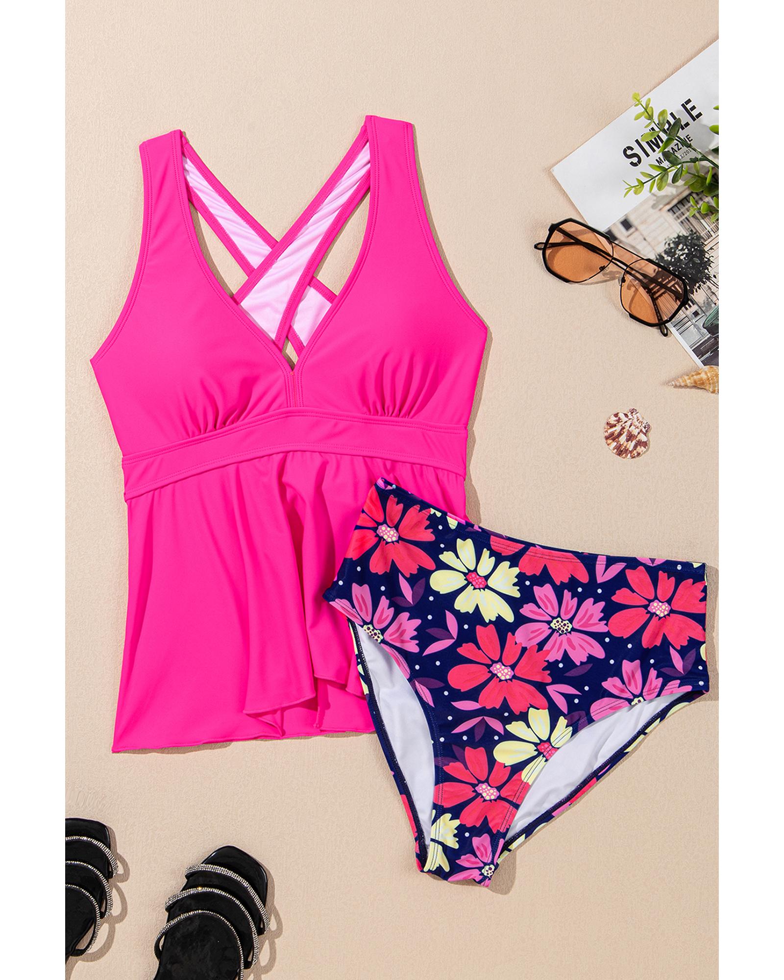 Rose V Neck Ruffled Hem Floral Bottom Tankini Set - M 4