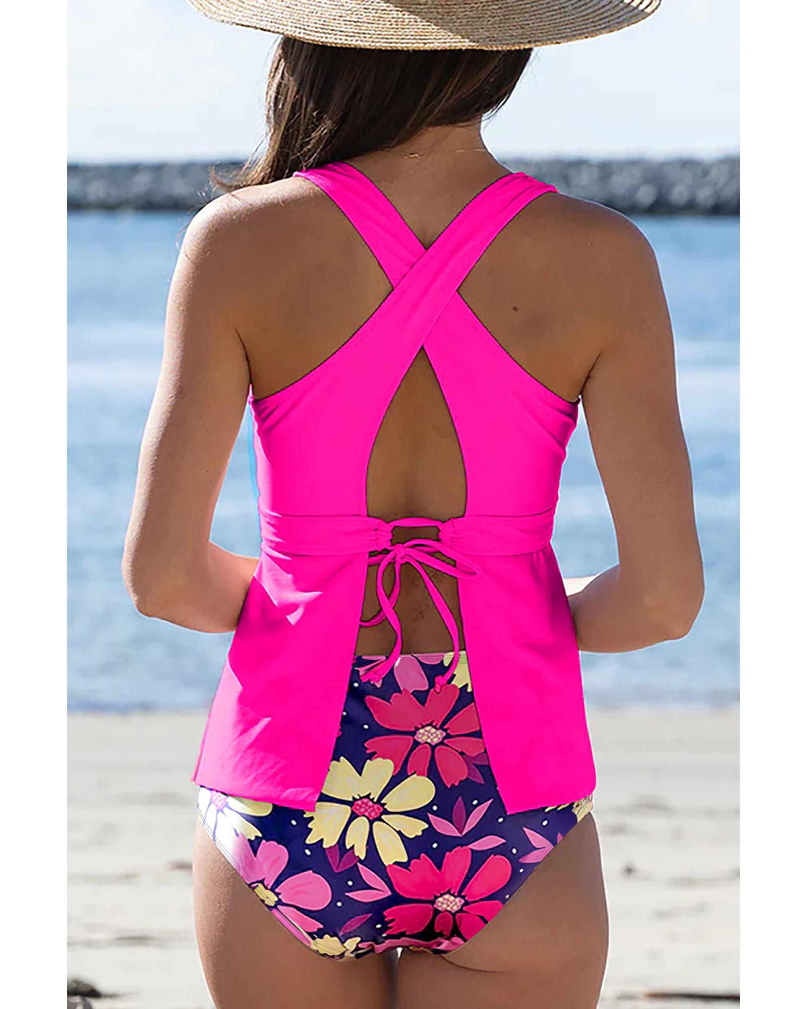 Rose V Neck Ruffled Hem Floral Bottom Tankini Set - S 5