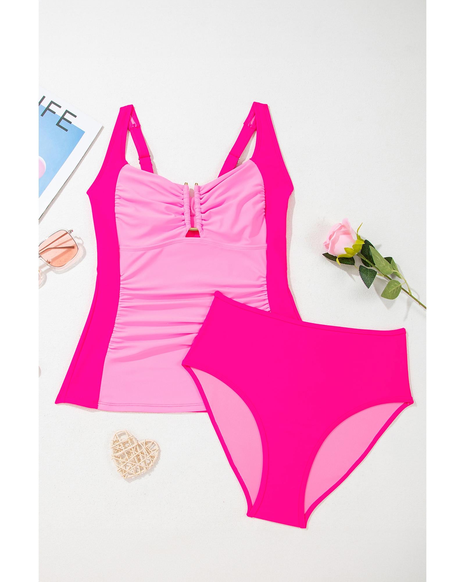 Bonbon Ruched Tummy Control Tankini 2pcs Swimsuit - L 4
