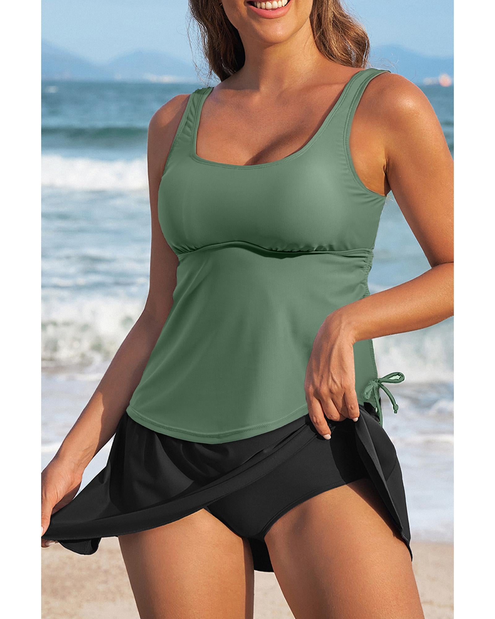 Mist Green Scoop Neck Adjustable Tankini and Matching Skort Bathing Suit - L