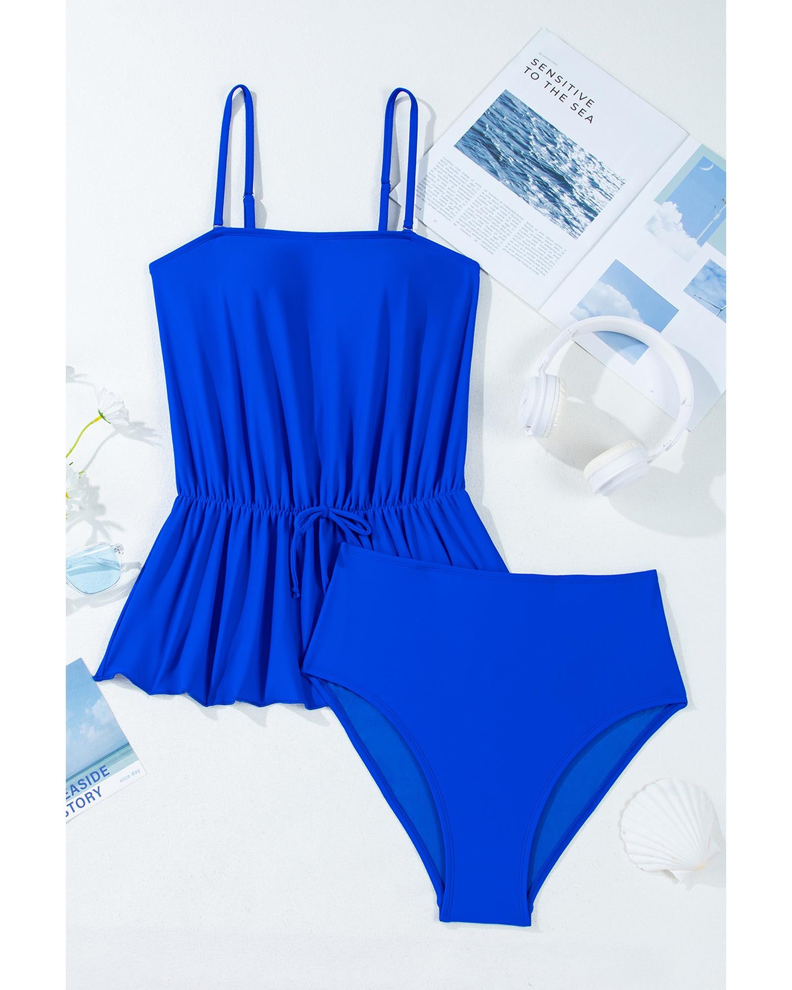 Dark Blue Bow Peplum Waist Spaghetti Straps Tankini Set - M 7