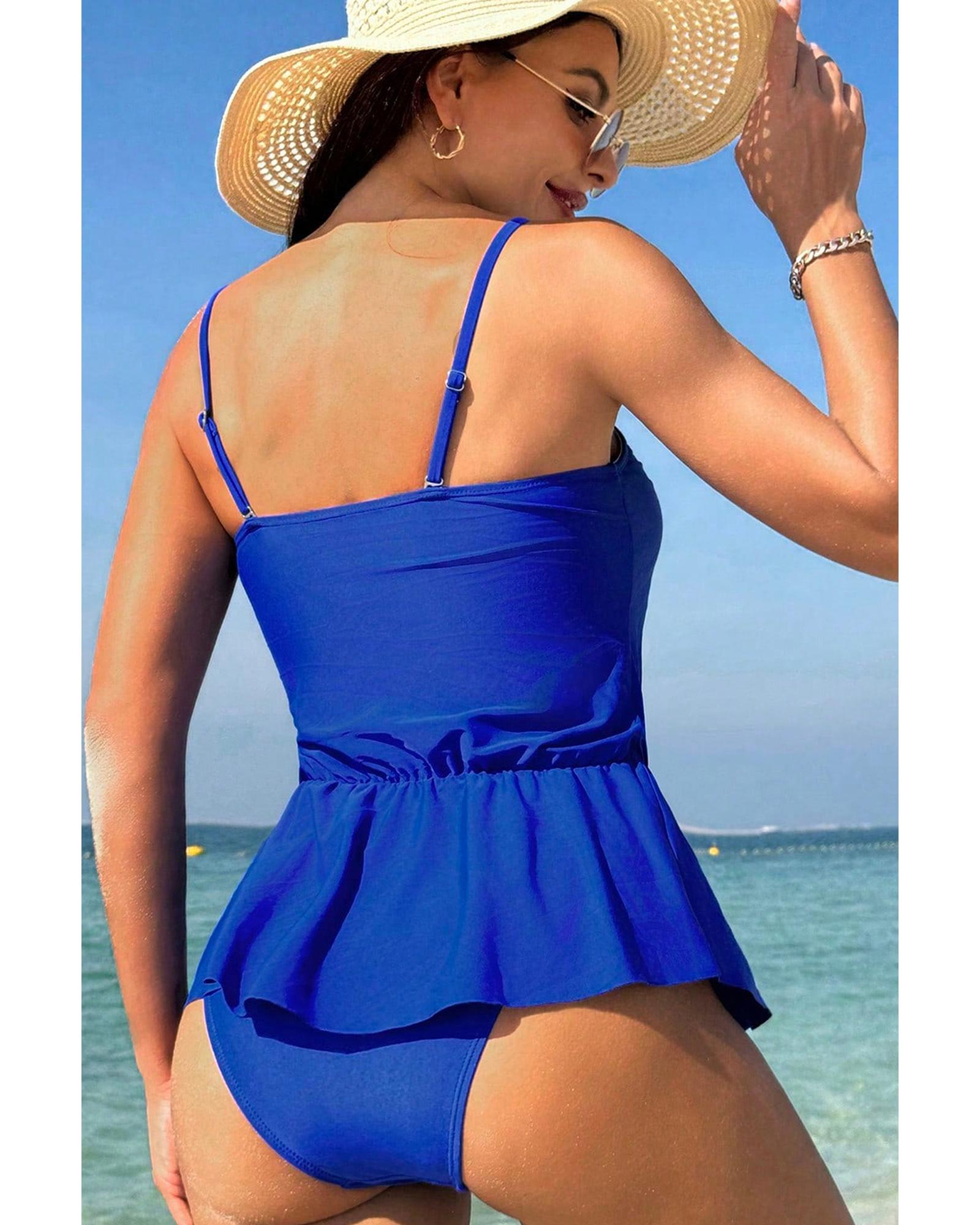 Dark Blue Bow Peplum Waist Spaghetti Straps Tankini Set - M 8