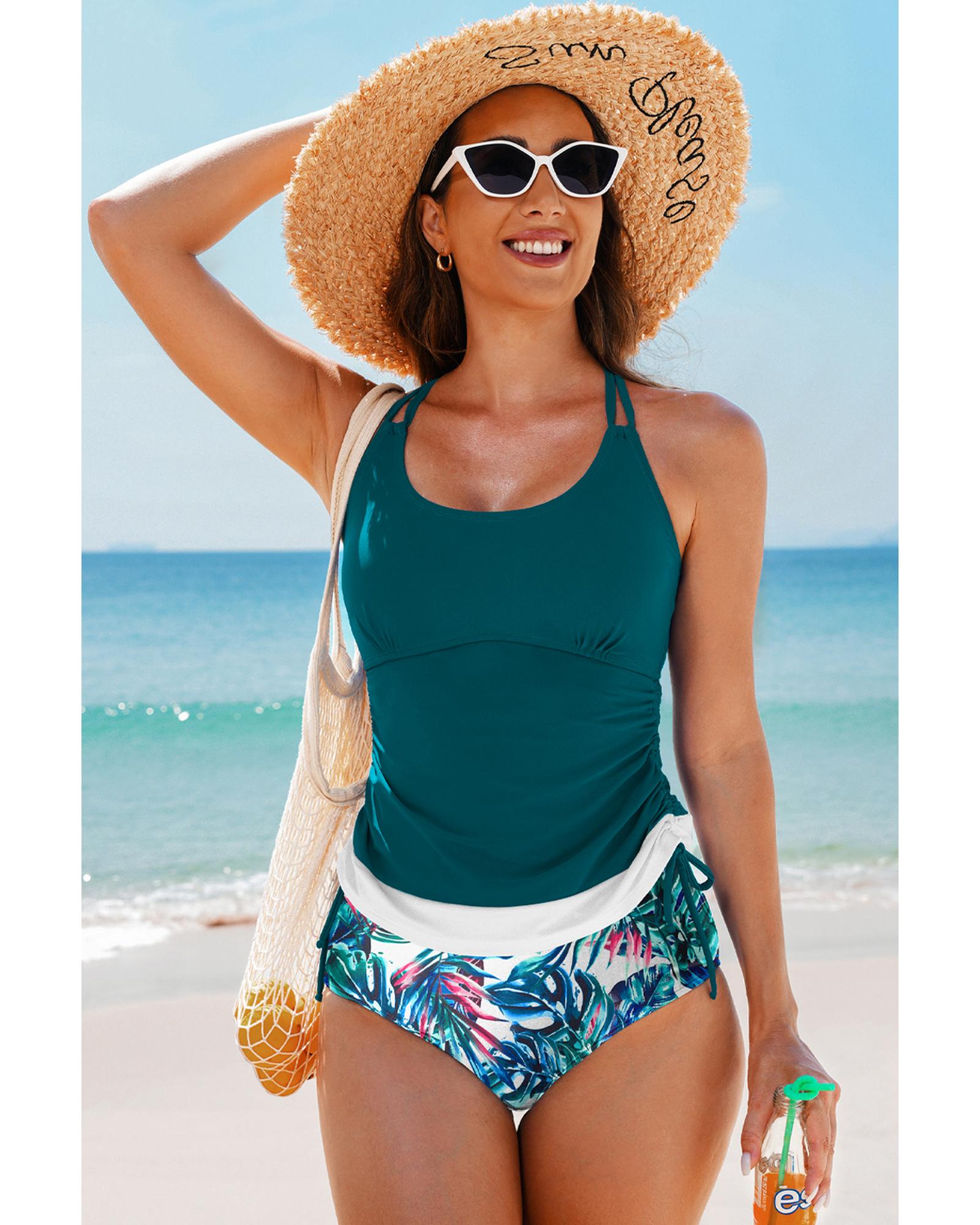 Sea Green Drawstring Tummy Control Mix-and-match 2pcs Tankini Swimsuit - 2XL