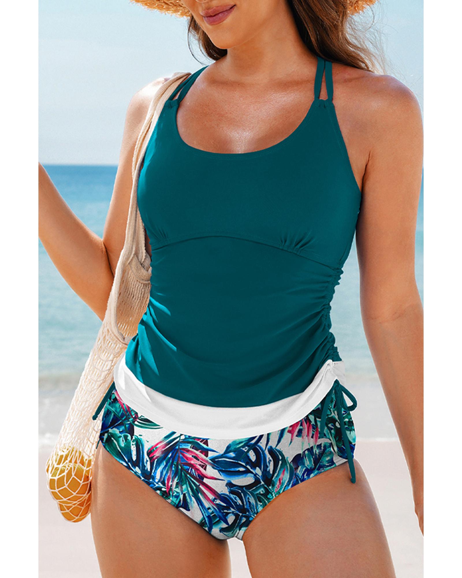 Sea Green Drawstring Tummy Control Mix-and-match 2pcs Tankini Swimsuit - L 4