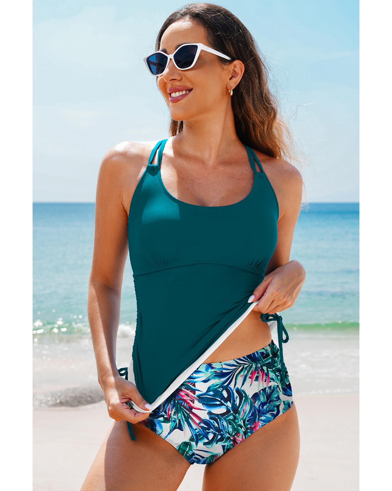 Sea Green Drawstring Tummy Control Mix-and-match 2pcs Tankini Swimsuit - M 4