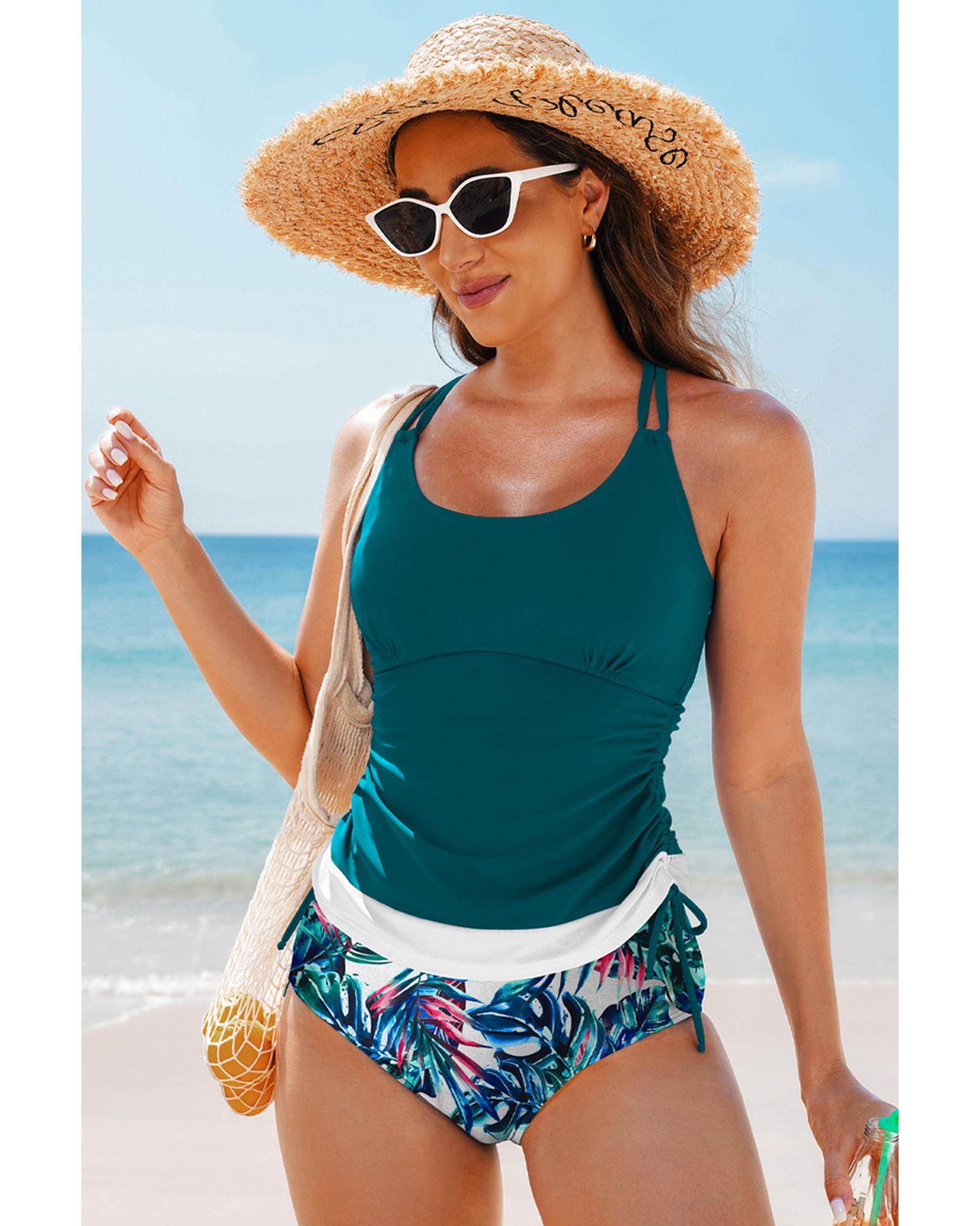 Sea Green Drawstring Tummy Control Mix-and-match 2pcs Tankini Swimsuit - XL 3