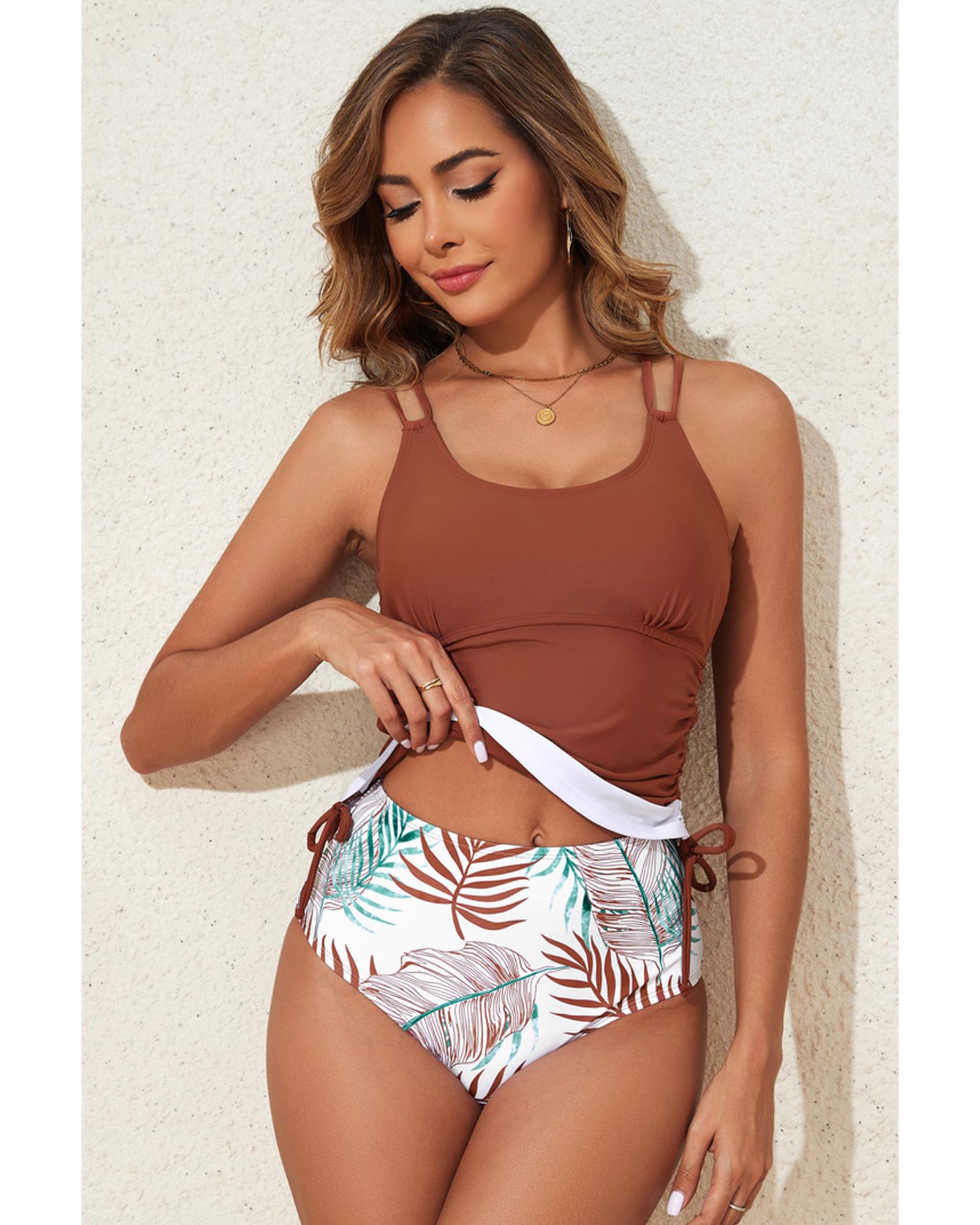 Mineral Red Drawstring Tummy Control Mix-and-match 2pcs Tankini Swimsuit - L