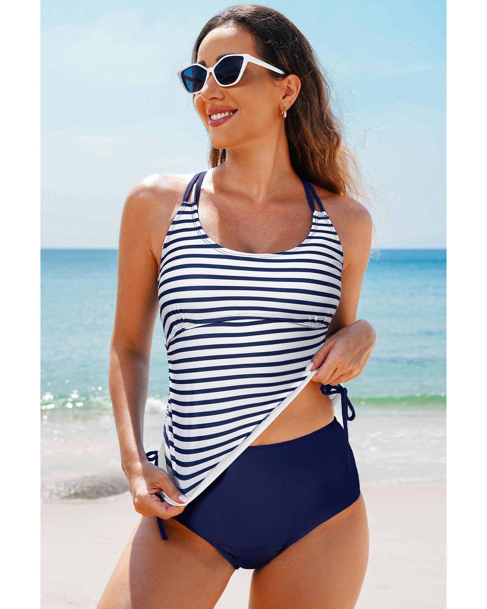 Blue Stripe Drawstring Tummy Control Mix-and-match 2pcs Tankini Swimsuit - XL 6