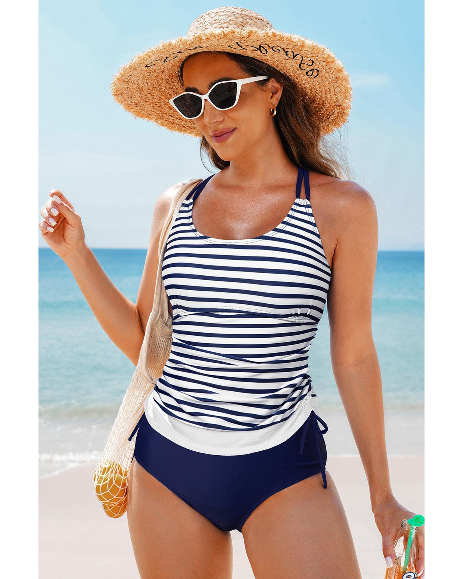 Blue Stripe Drawstring Tummy Control Mix-and-match 2pcs Tankini Swimsuit - XL 7