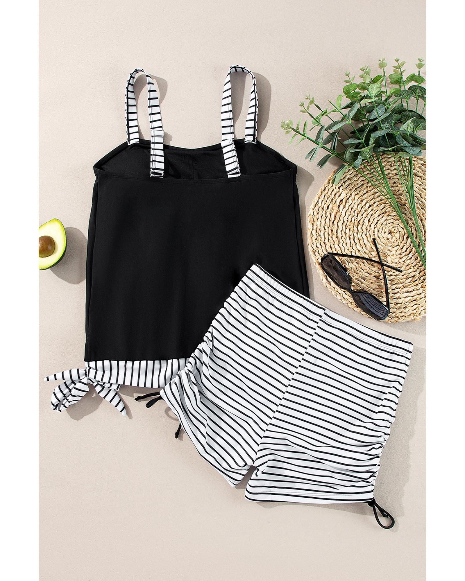 Black Striped Patchwork Side Drawstring Bottoms Tankini Set - S 4
