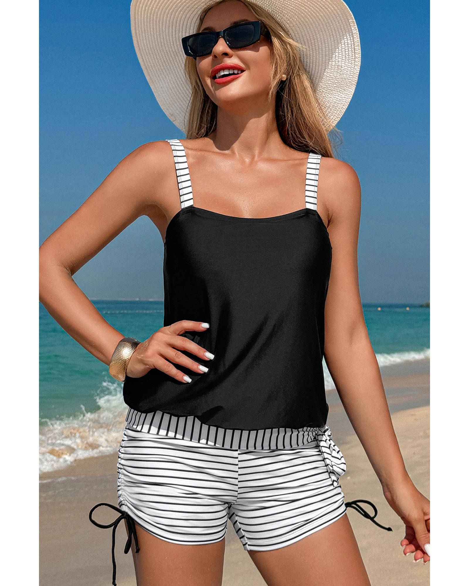 Black Striped Patchwork Side Drawstring Bottoms Tankini Set - S 5