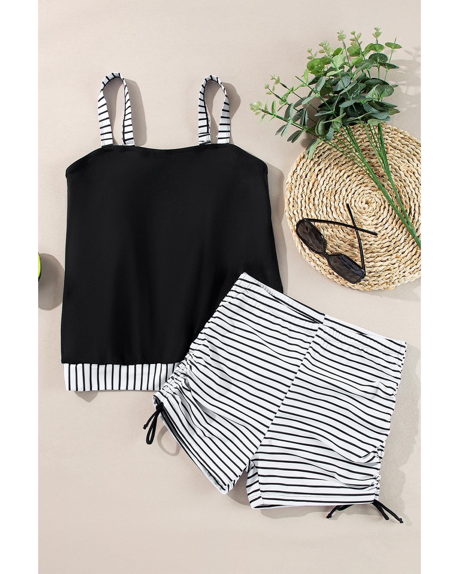 Black Striped Patchwork Side Drawstring Bottoms Tankini Set - S 7