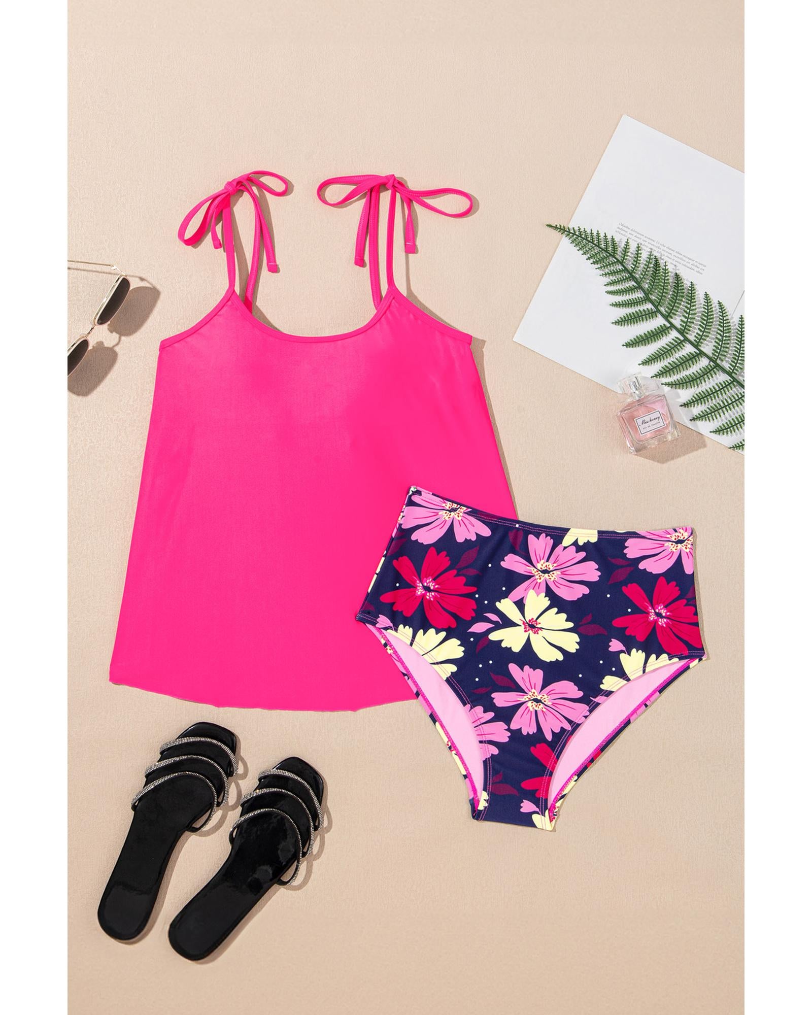 Rose Red Tie Shoulder Floral Print Cute Tankini Set - XL 7