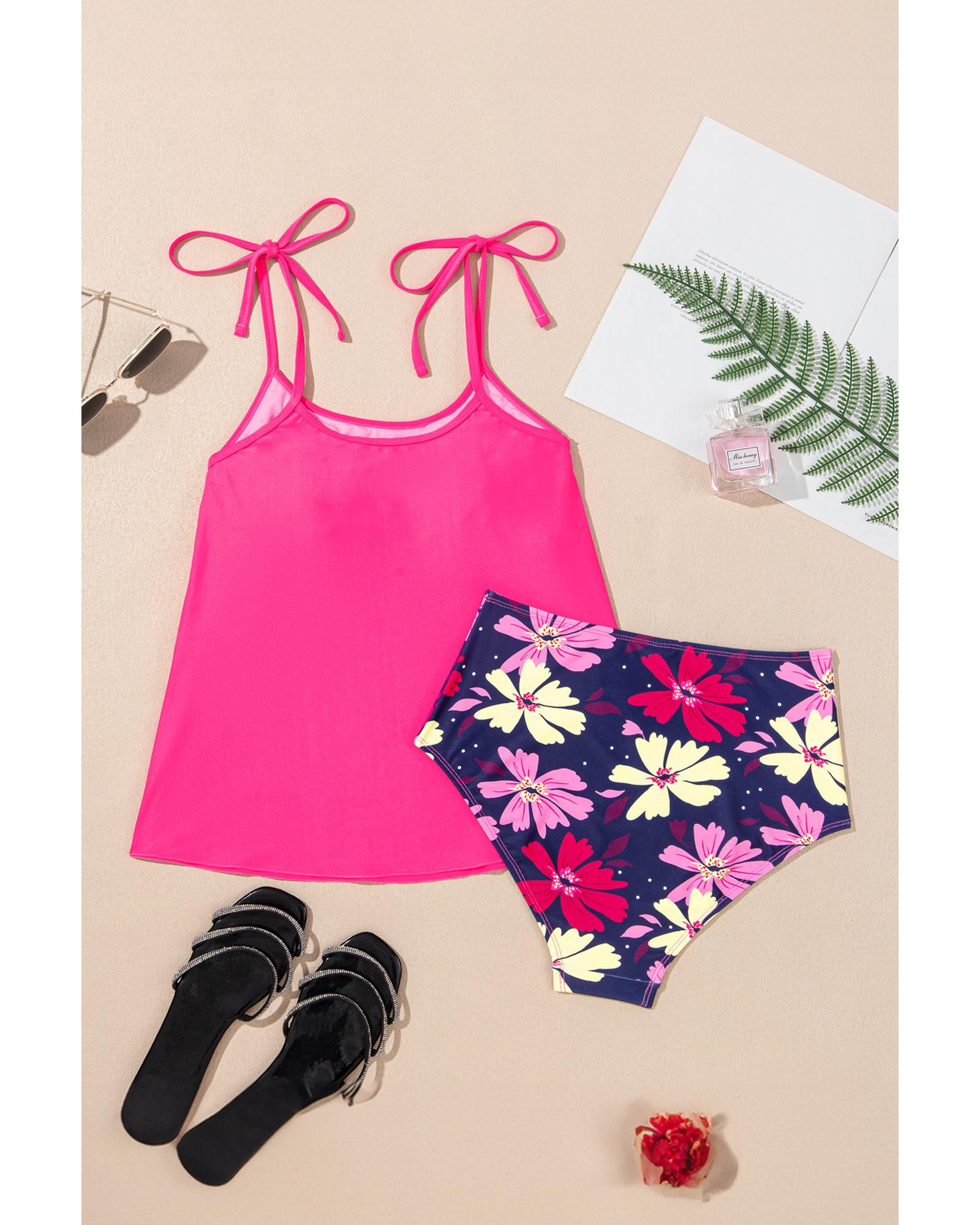 Rose Red Tie Shoulder Floral Print Cute Tankini Set - XL 8
