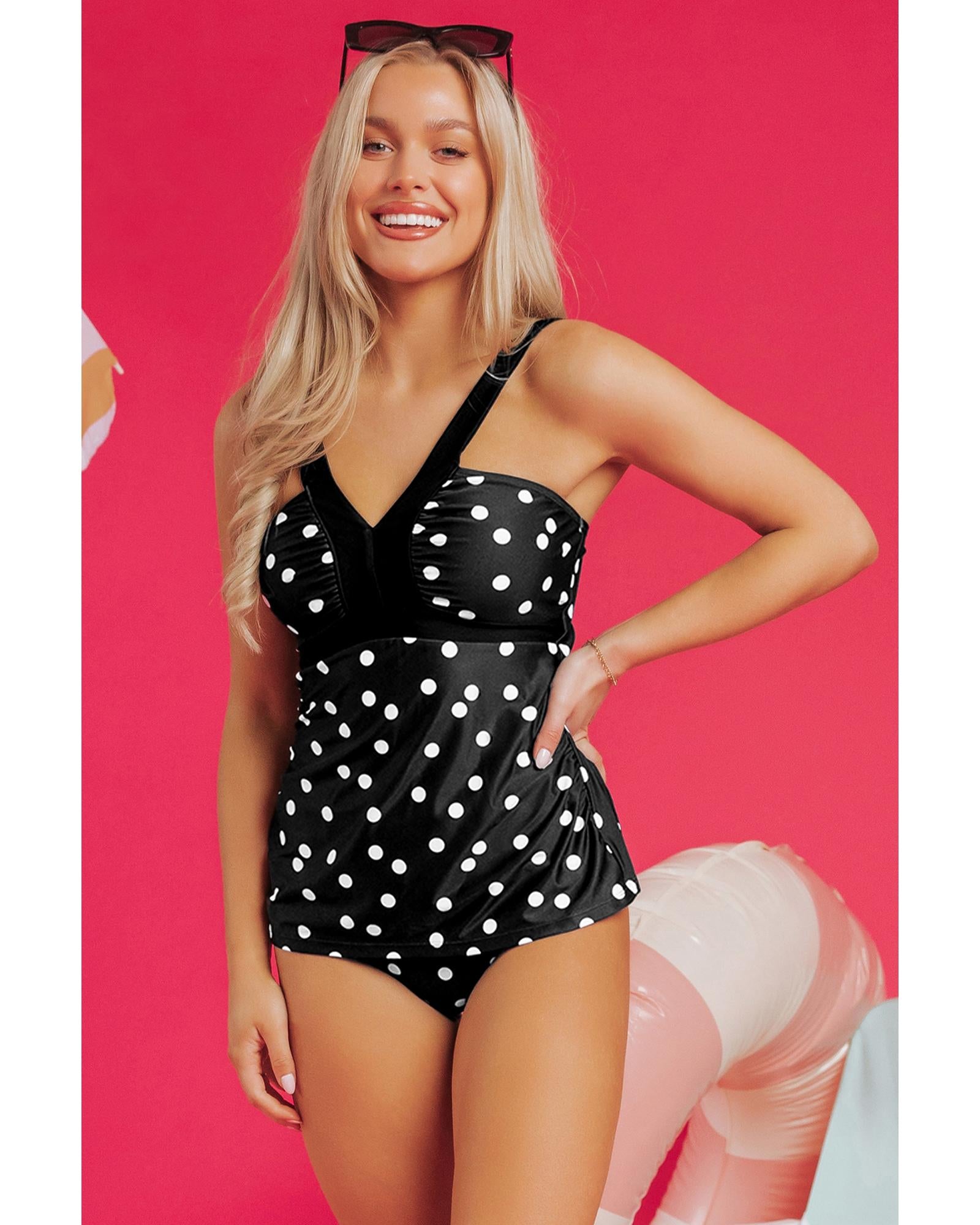 Black Polka Dot Print V Neck Tankini Set - 2XL 4