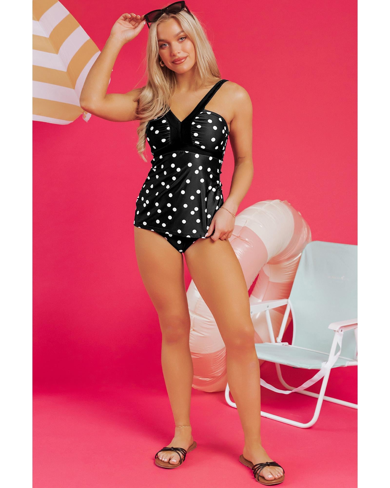 Black Polka Dot Print V Neck Tankini Set - 2XL 5